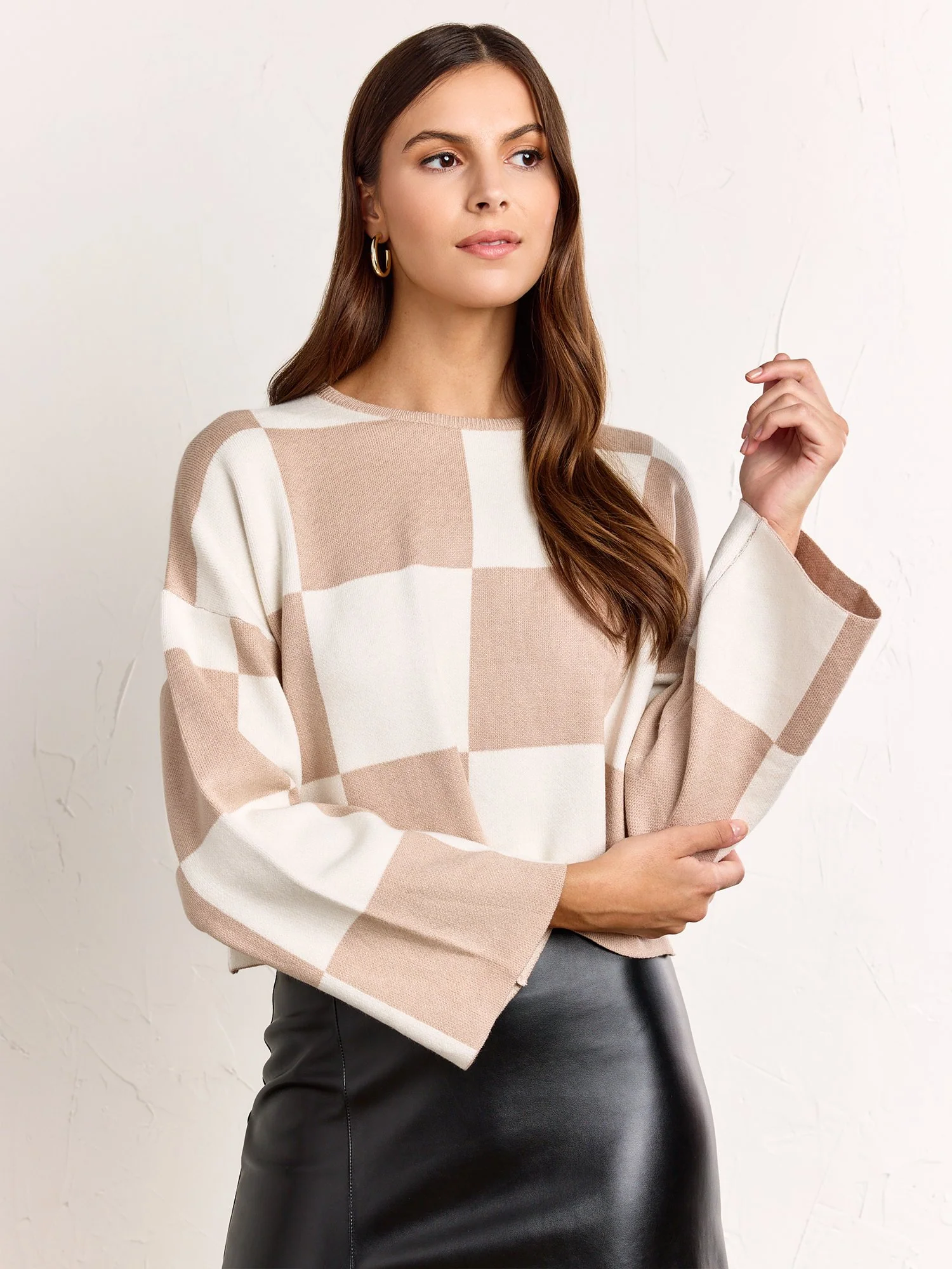 Long-Sleeve Cropped Checkerboard Pullover - Papermoon