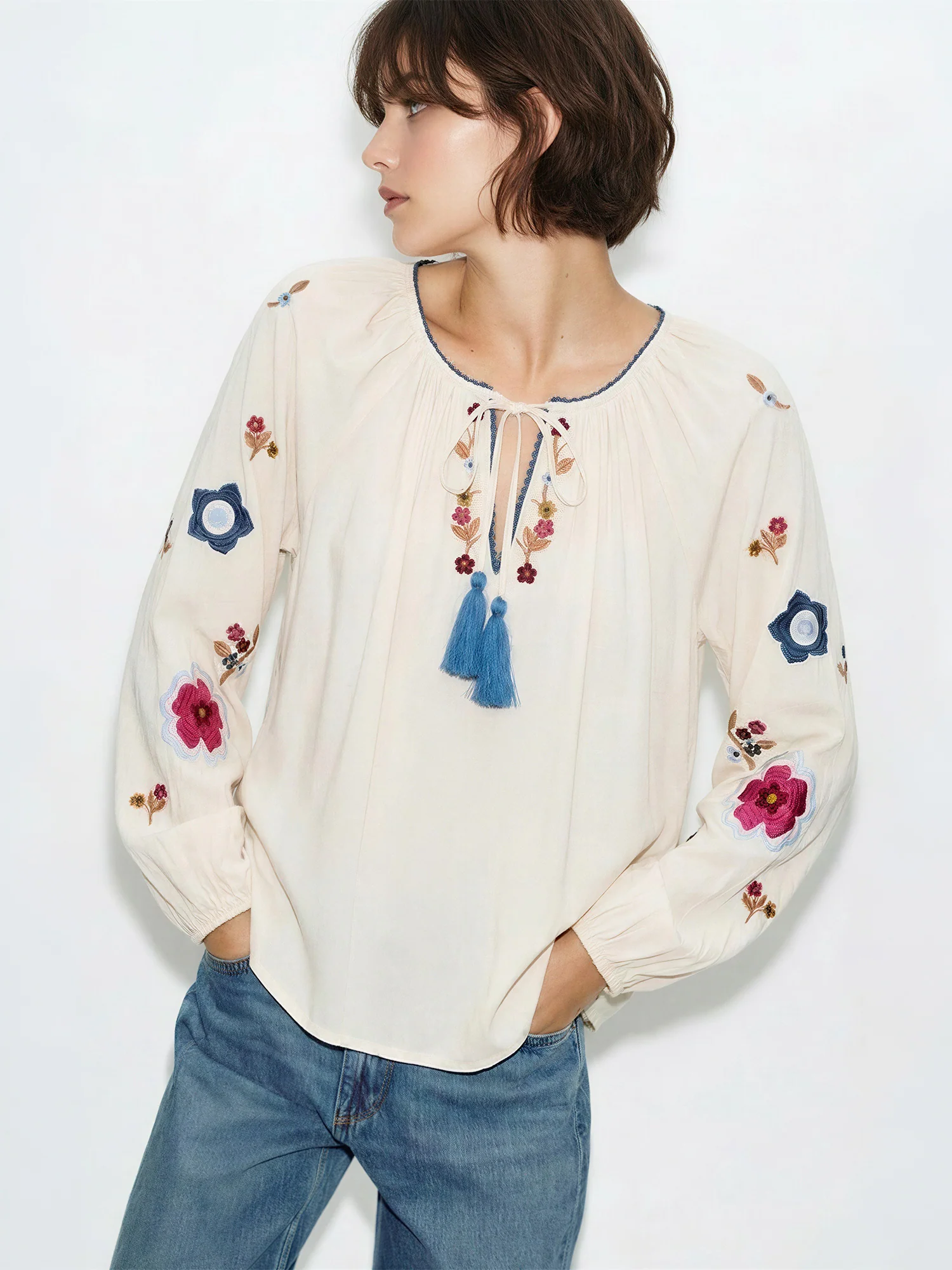 Long Balloon Sleeve Embroidered Peasant Blouse - Image 2