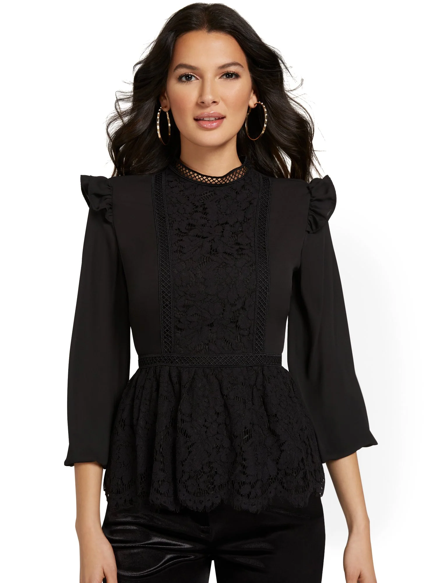 Long-Sleeve Lace Peplum Blouse - Image 2