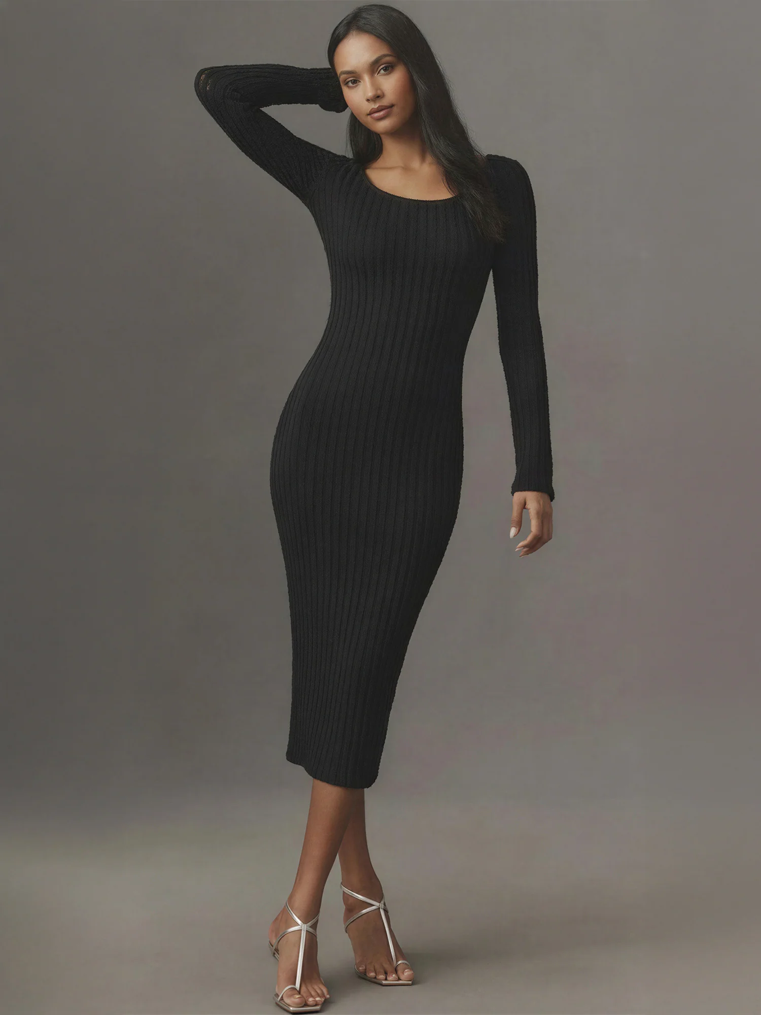 Long Sleeve Open Back Textured Knit Midi Dress