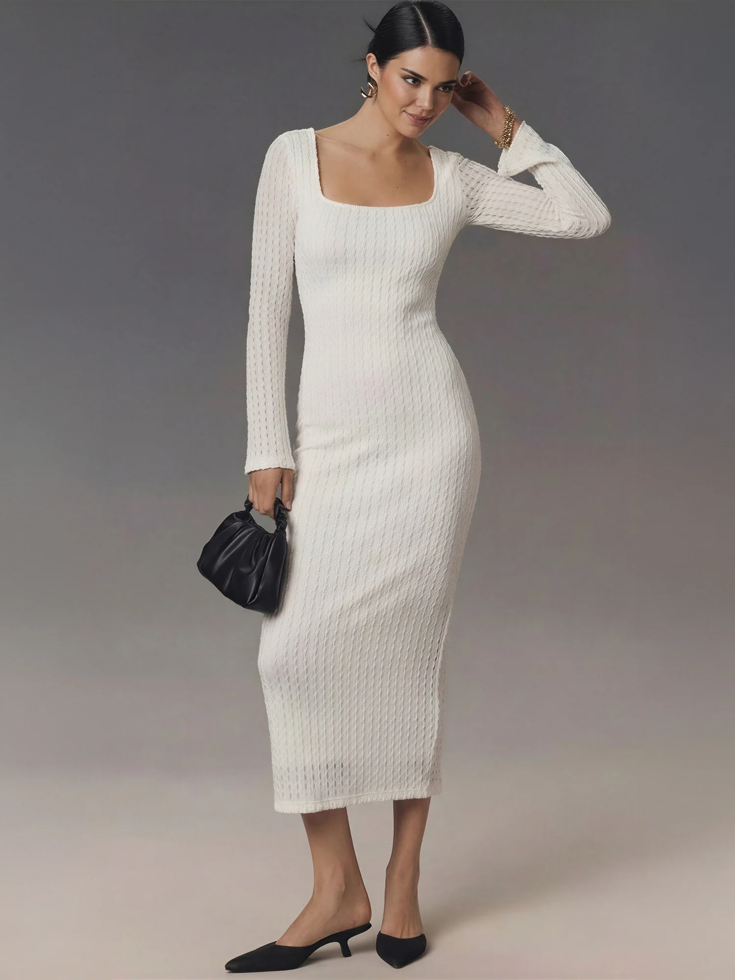 Long Sleeve Open Back Textured Knit Midi Dress - Image 6