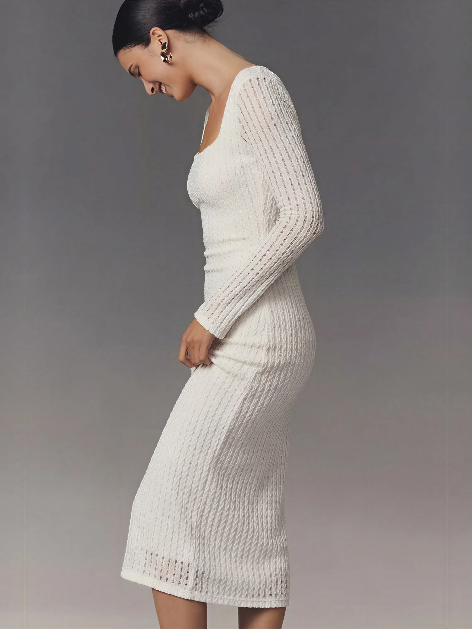 Long Sleeve Open Back Textured Knit Midi Dress - Image 8