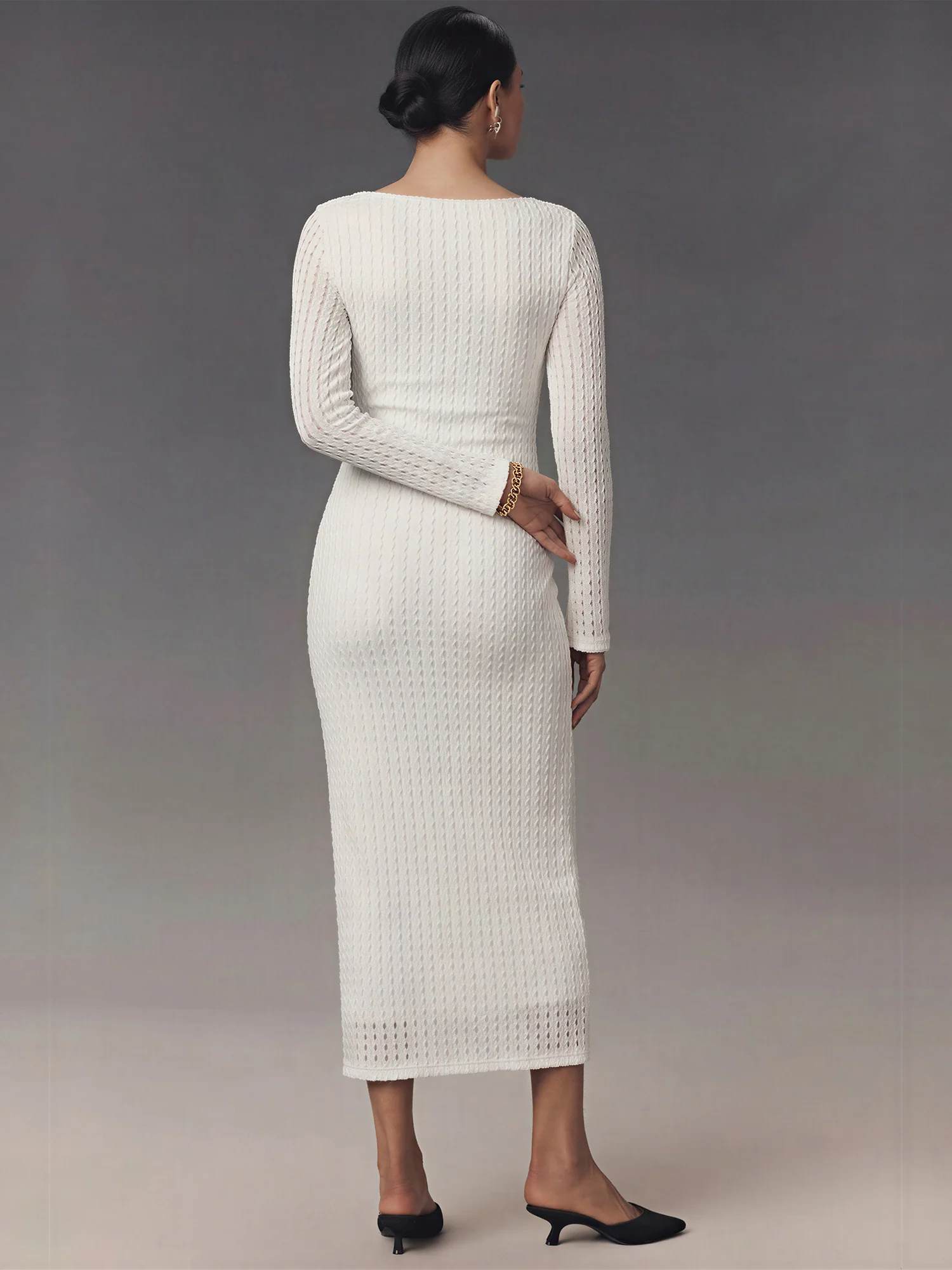 Long Sleeve Open Back Textured Knit Midi Dress - Image 9