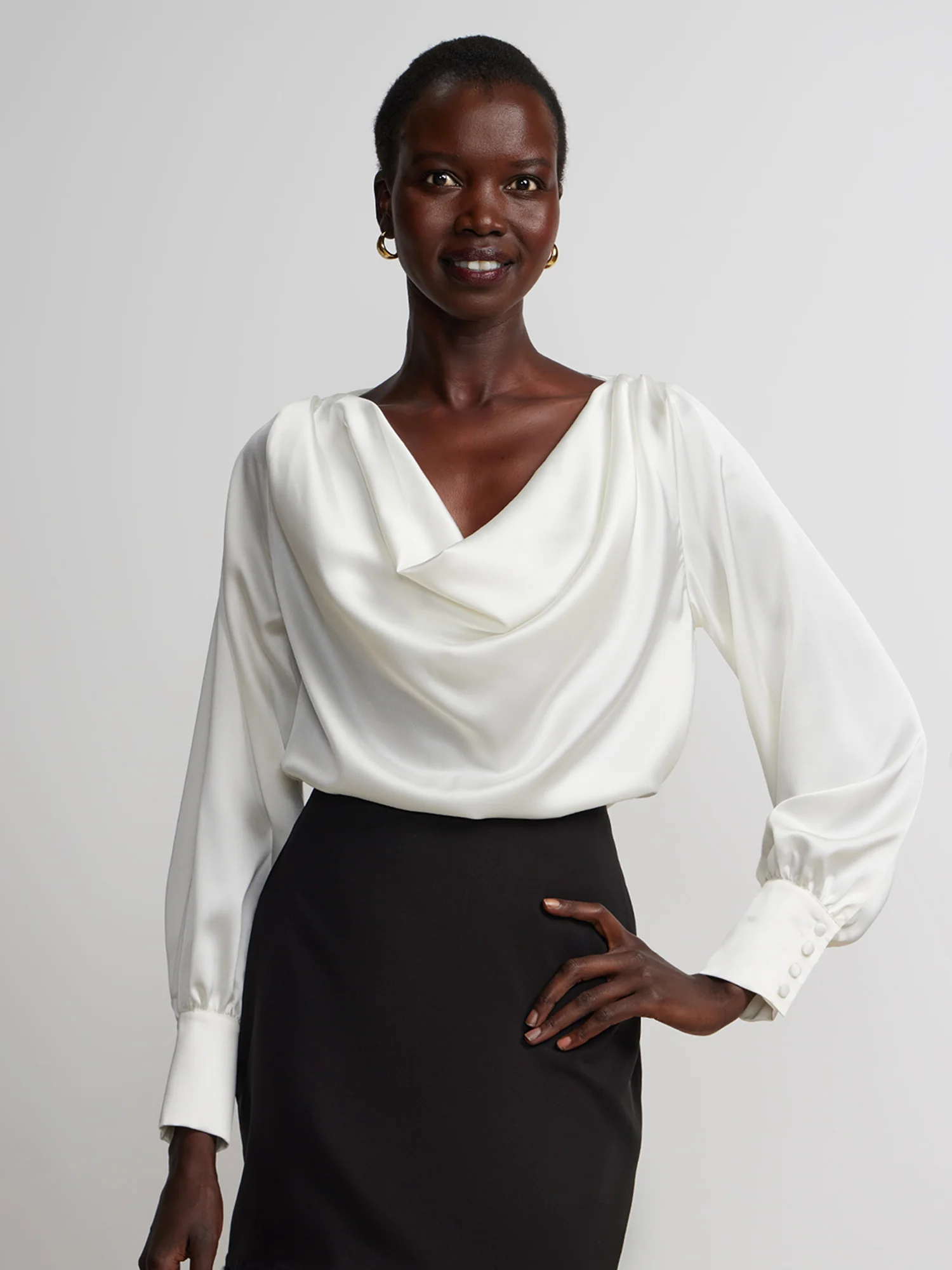 Long Sleeve Satin Cowl Neck Top