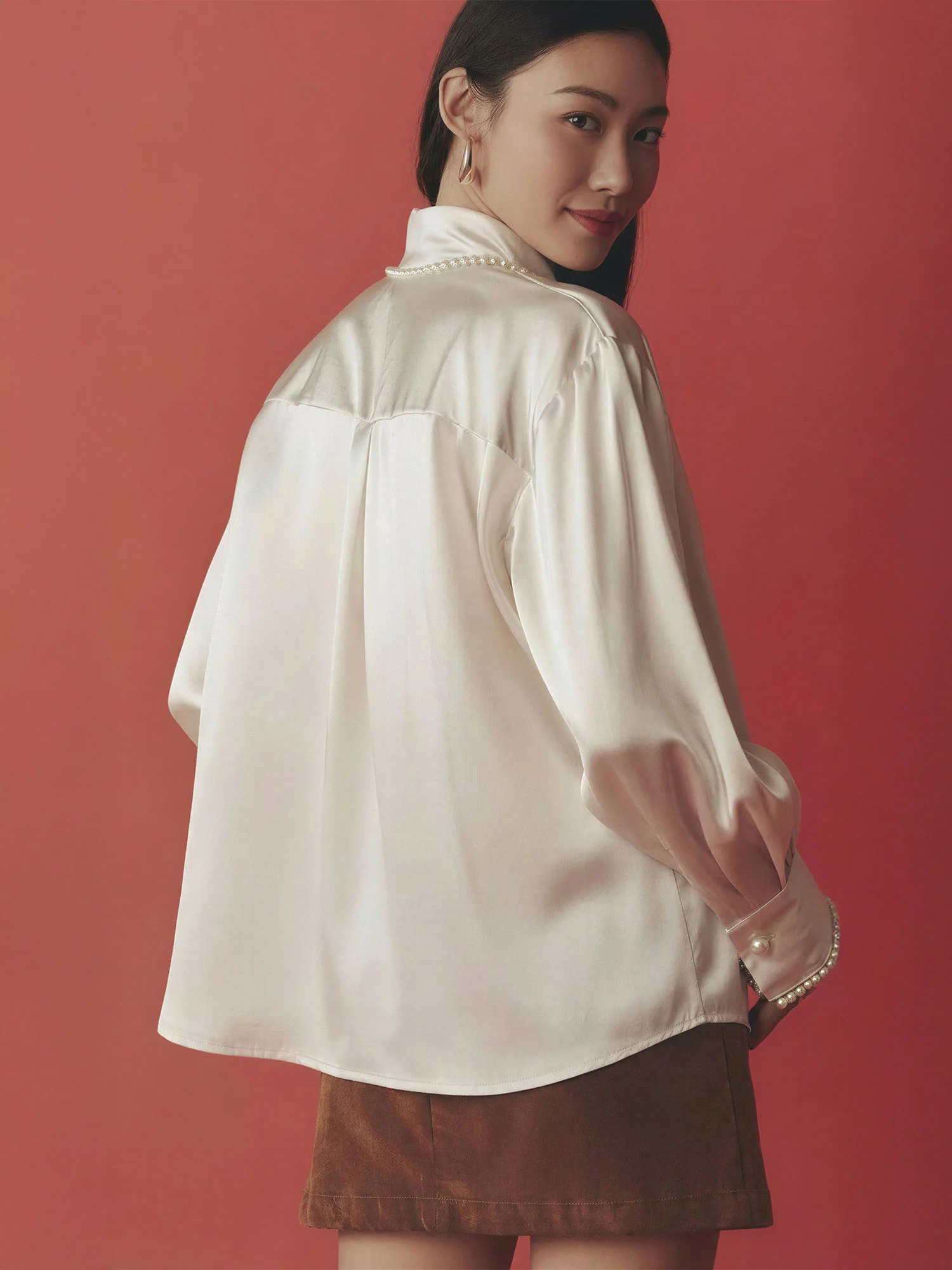 Satin Pearl Trim Button Down Shirt - Image 9