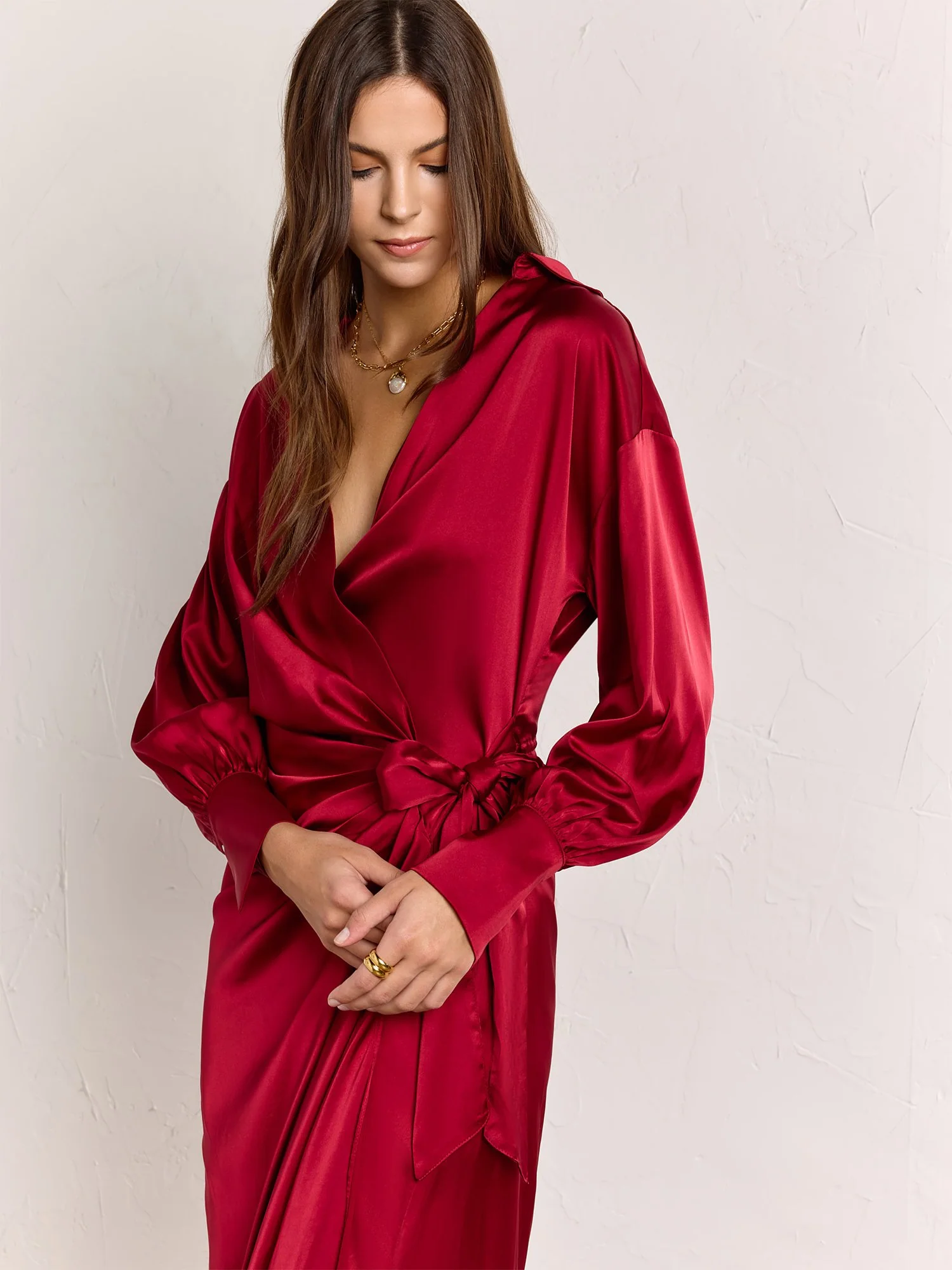 Long-Sleeve Satin Wrap Dress - In The Beginning - Image 3