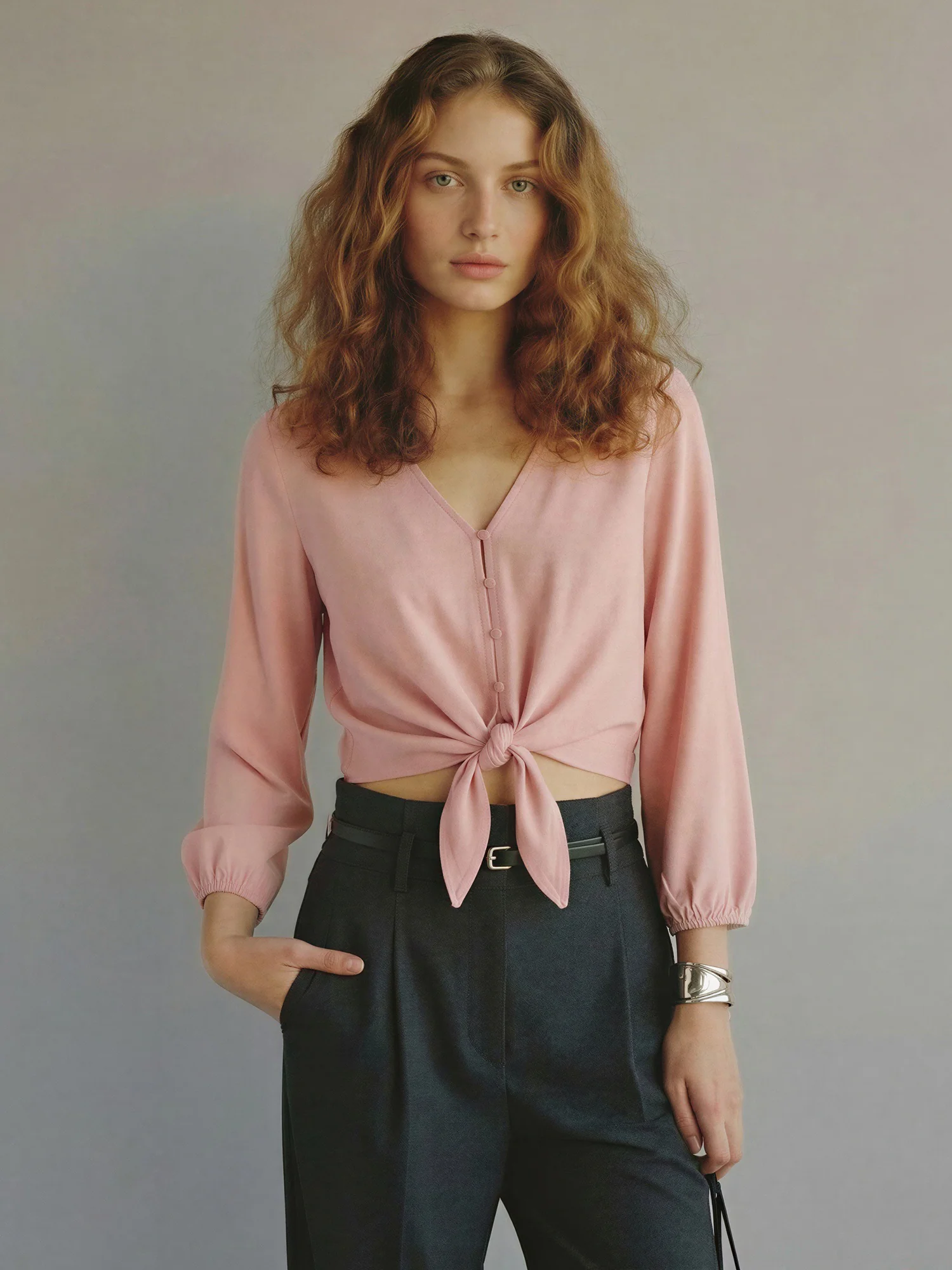 Long Sleeve Tie Front Blouse - Image 9