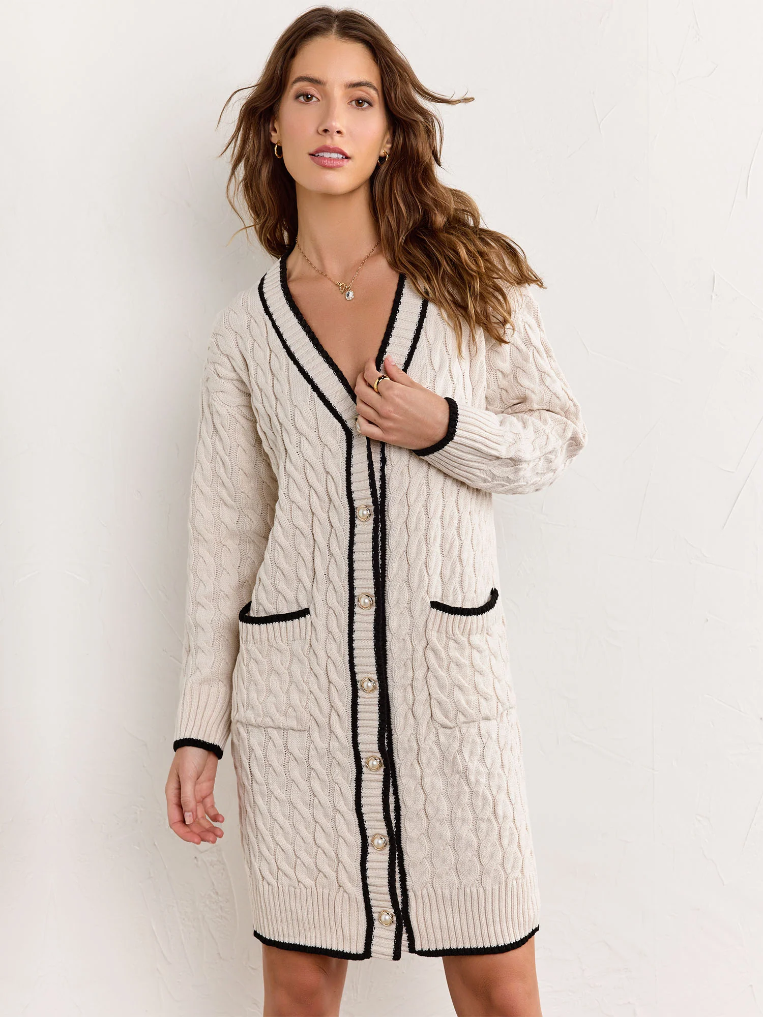 Longline Contrast Trim Cable Knit Cardigan - Fore Collection - Image 11