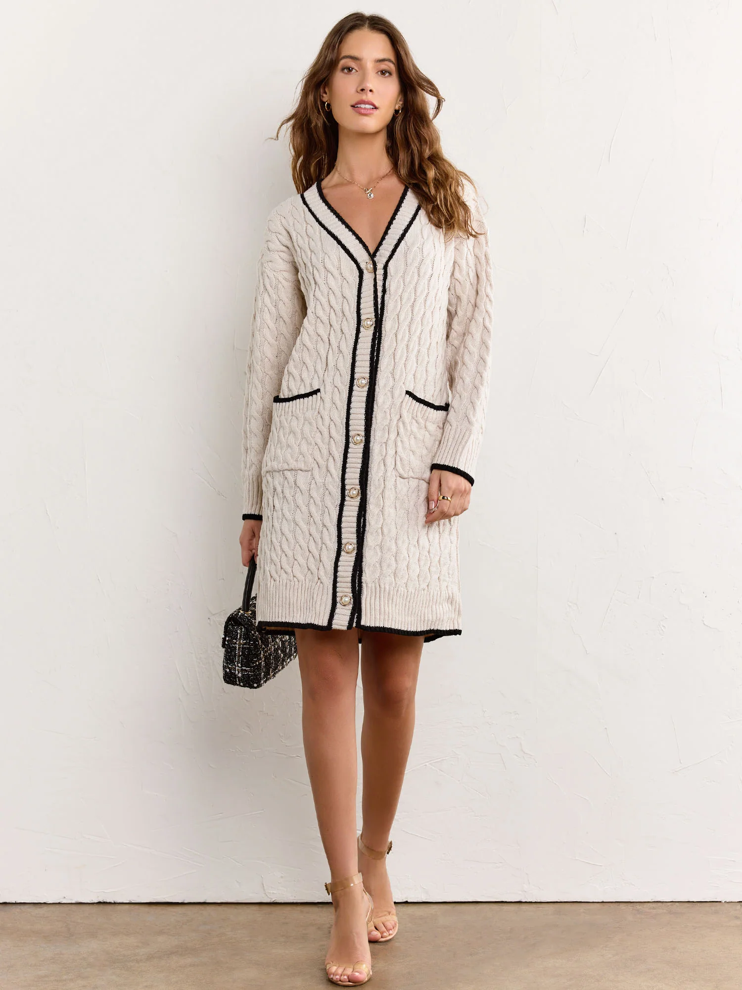 Longline Contrast Trim Cable Knit Cardigan - Fore Collection - Image 13