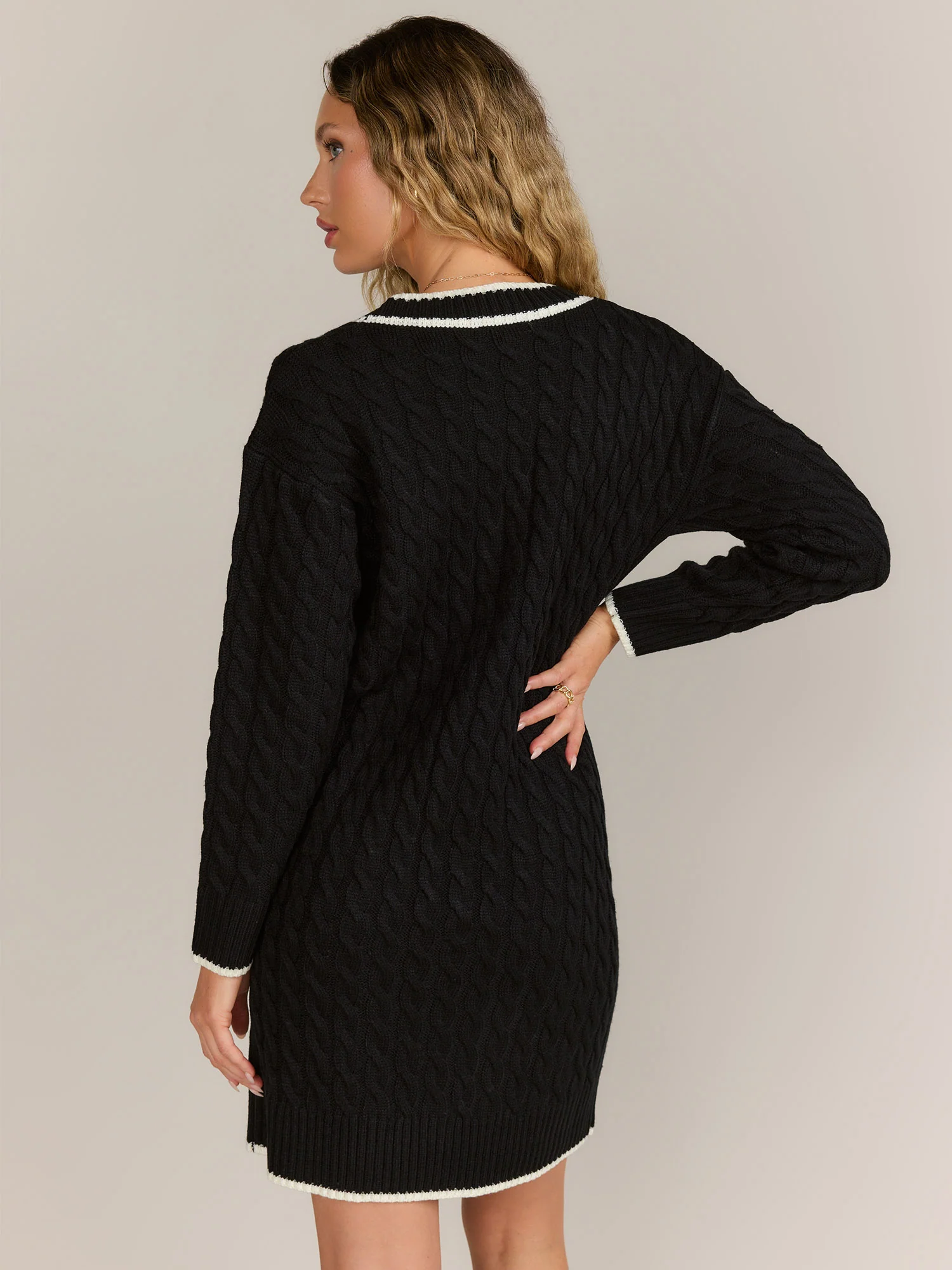 Longline Contrast Trim Cable Knit Cardigan - Fore Collection - Image 4