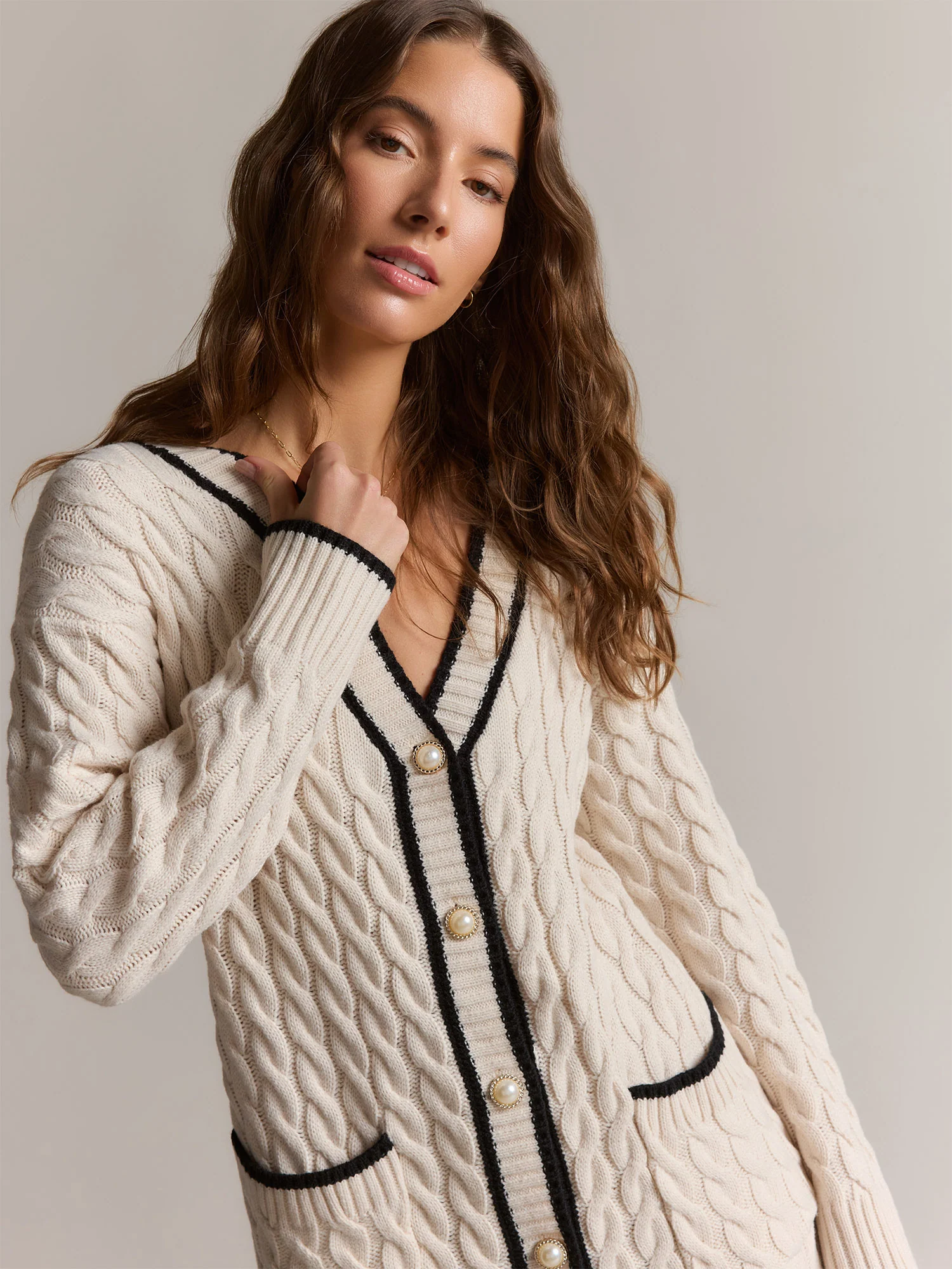 Longline Contrast Trim Cable Knit Cardigan - Fore Collection - Image 7