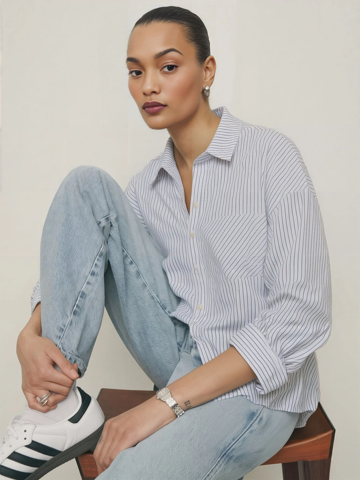 Long Sleeve Striped Collared Linen Blend Button Down Shirt