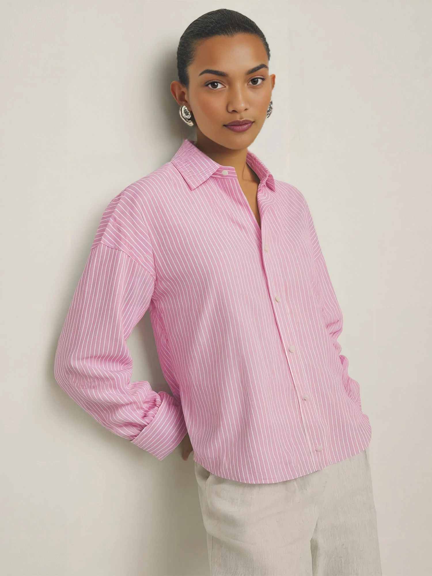 Long Sleeve Striped Collared Linen Blend Button Down Shirt - Image 13