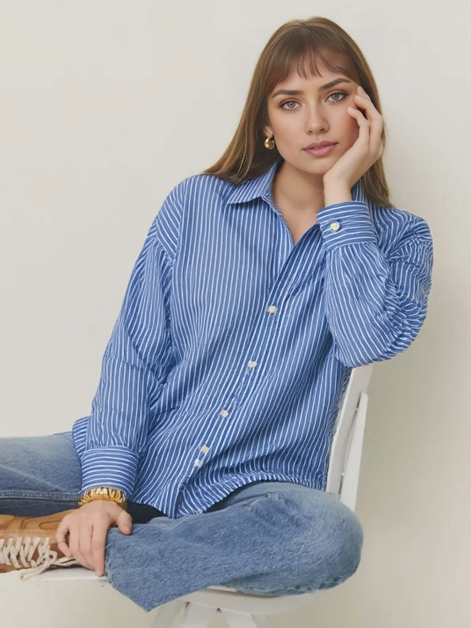 Long Sleeve Striped Collared Linen Blend Button Down Shirt - Image 6