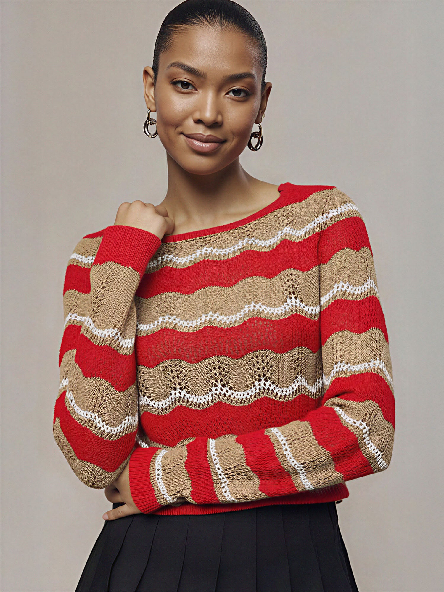 Boatneck Crochet Stripe Sweater - Image 2