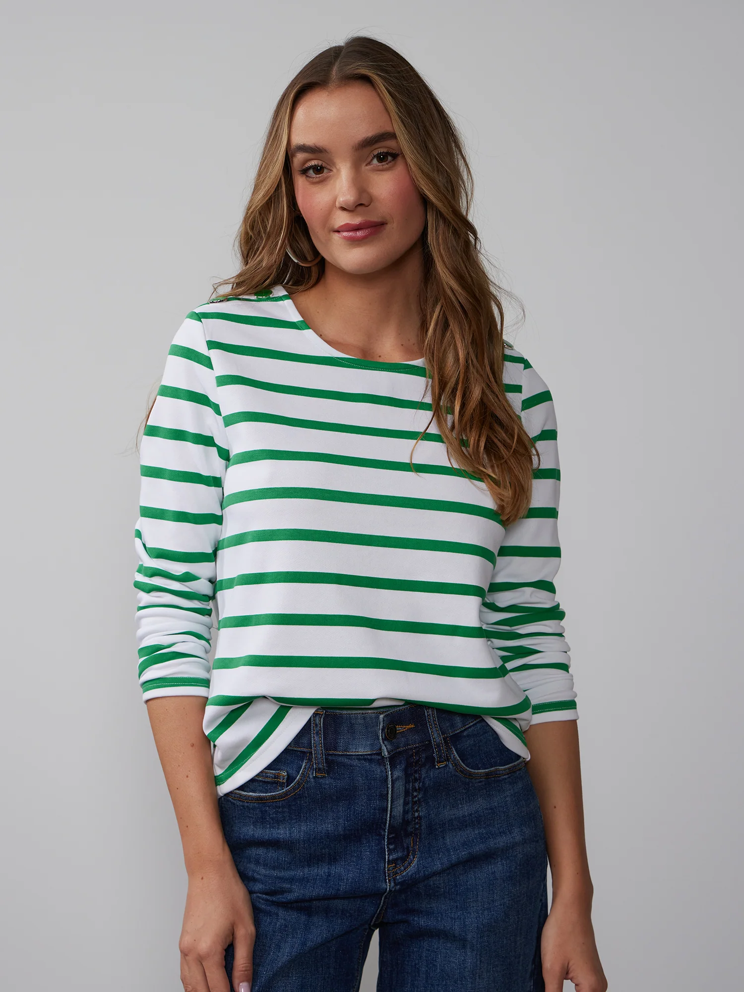 Long Sleeve Button Shoulder Striped Top