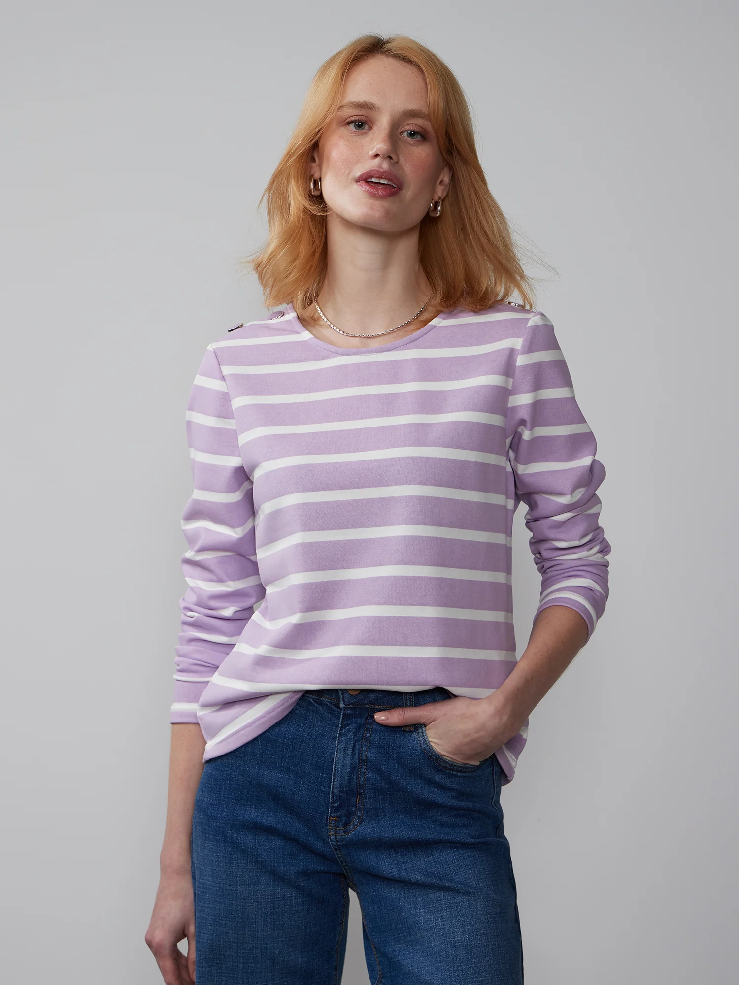 Long Sleeve Button Shoulder Striped Top - Image 6