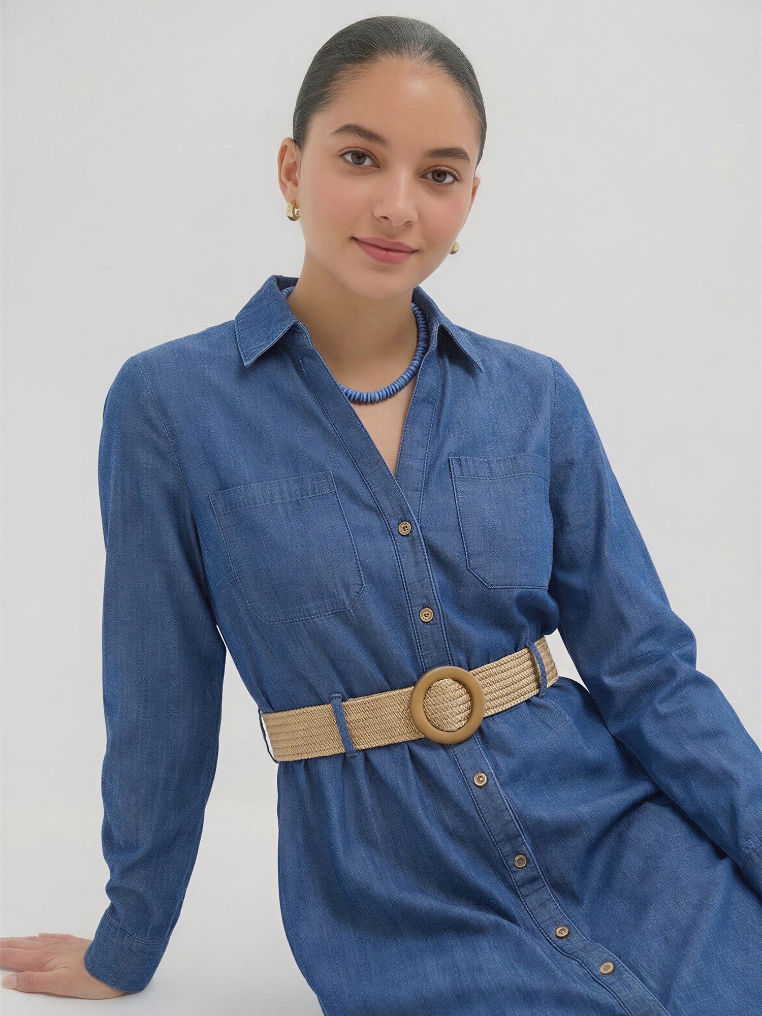 Long Sleeve Chambray Belted Shirt Midi Dress - Image 2