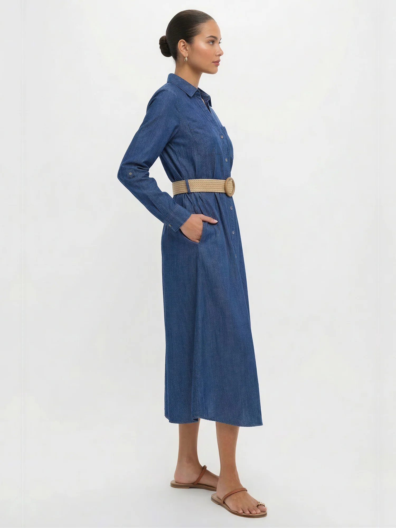 Long Sleeve Chambray Belted Shirt Midi Dress - Image 3