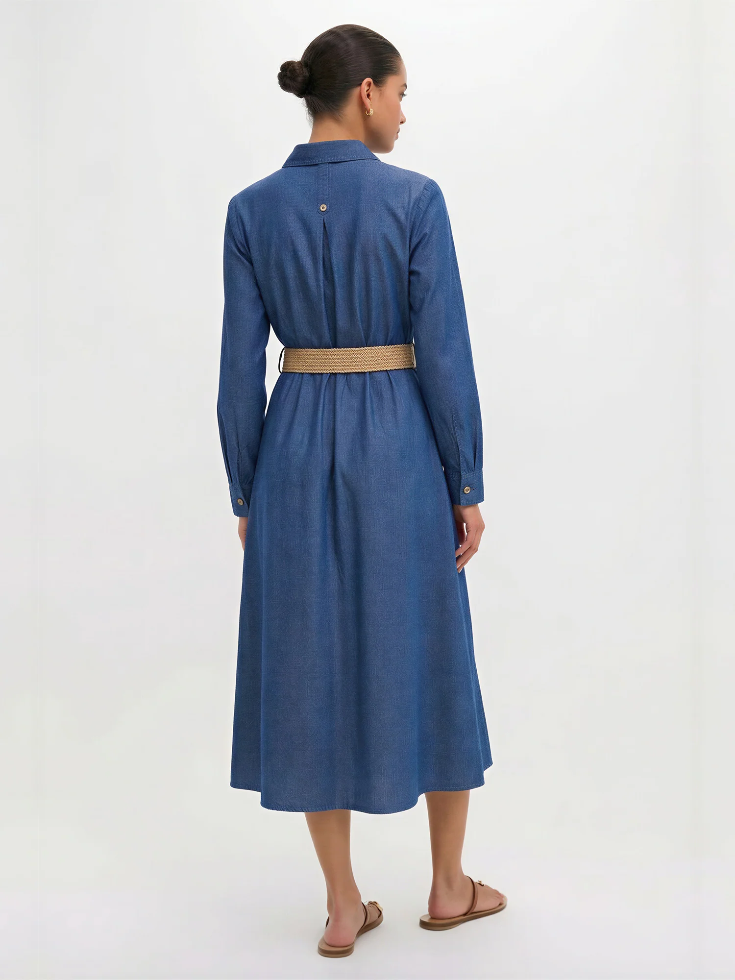 Long Sleeve Chambray Belted Shirt Midi Dress - Image 4