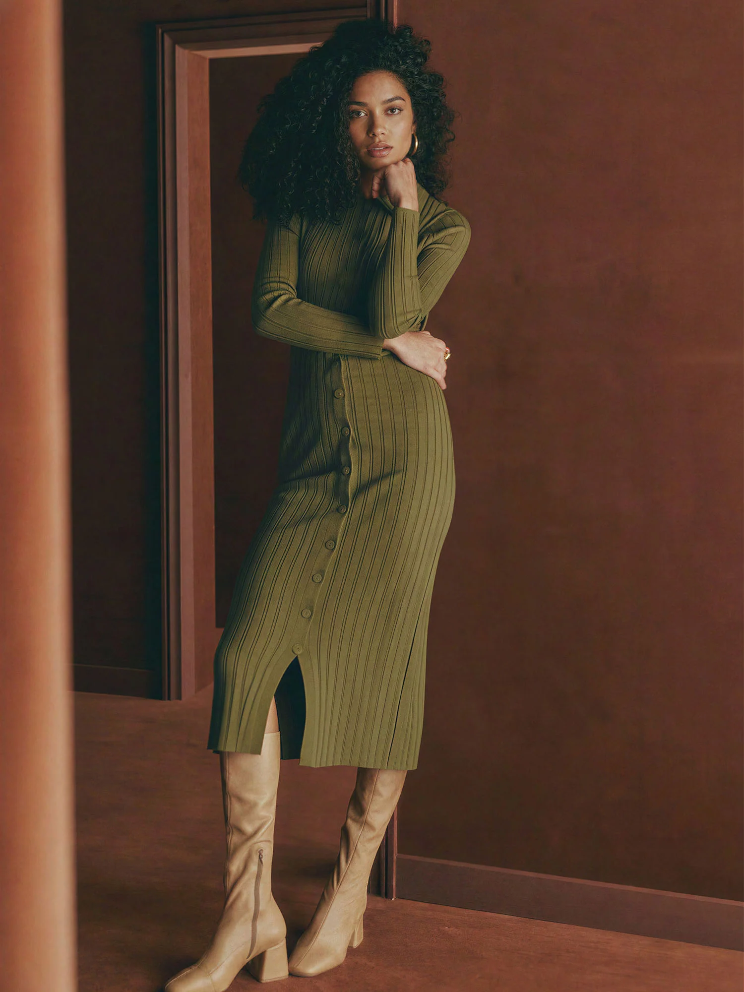 Collared Button Down Shirt Sweater Midi Dress - Image 7