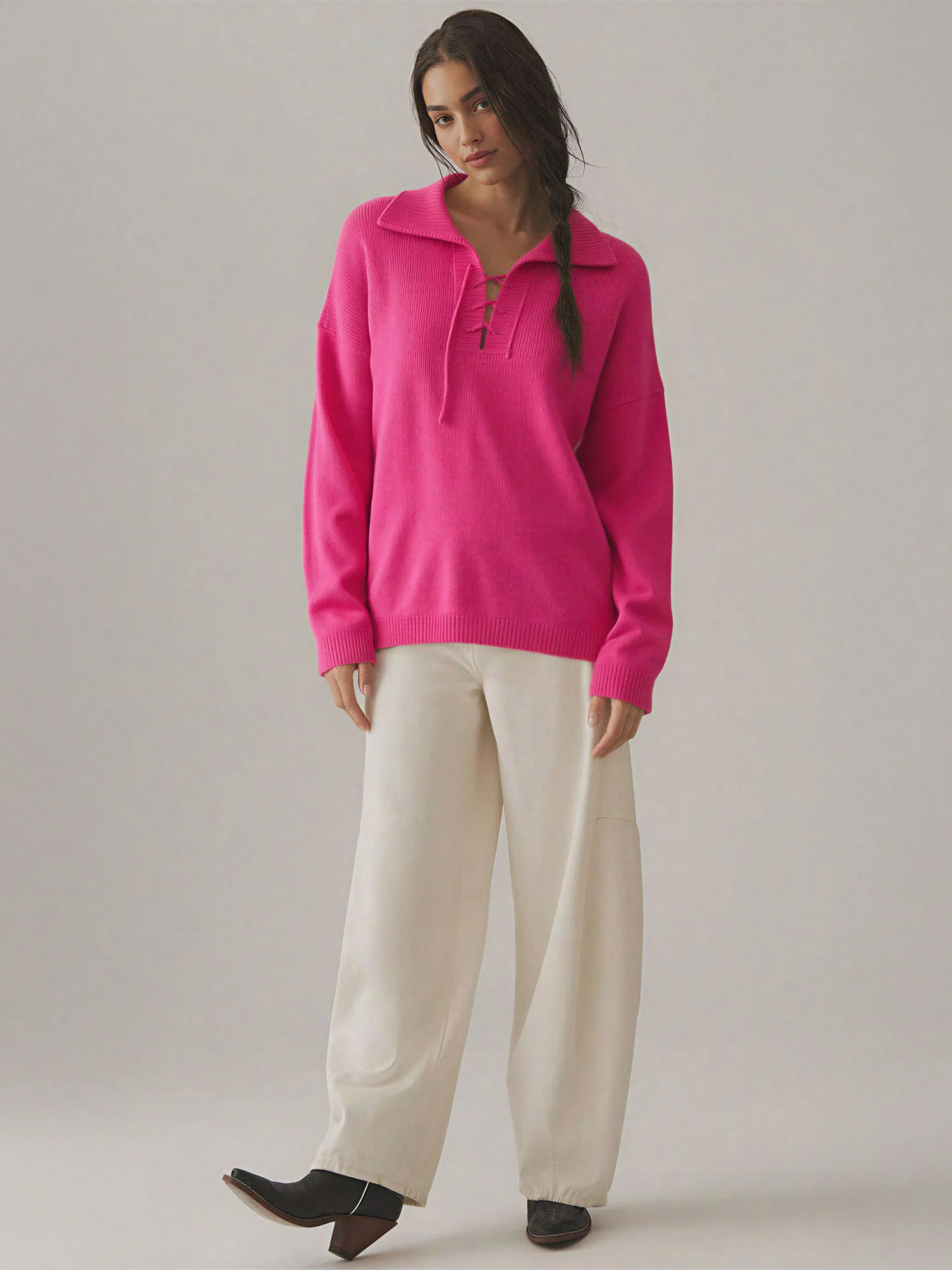 Collared Lace Up Neck Sweater - Image 2