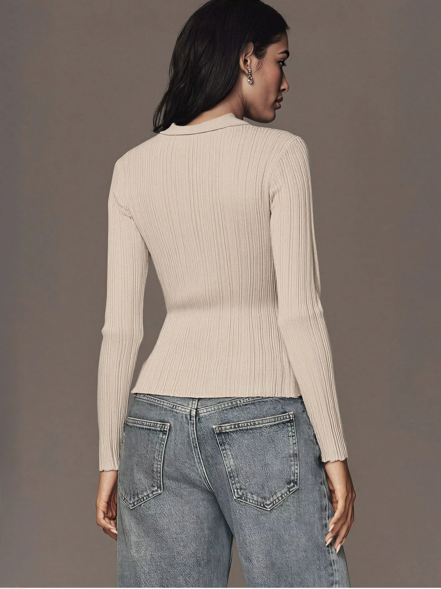 Collared Ribbed Button Down Sweater - Image 15