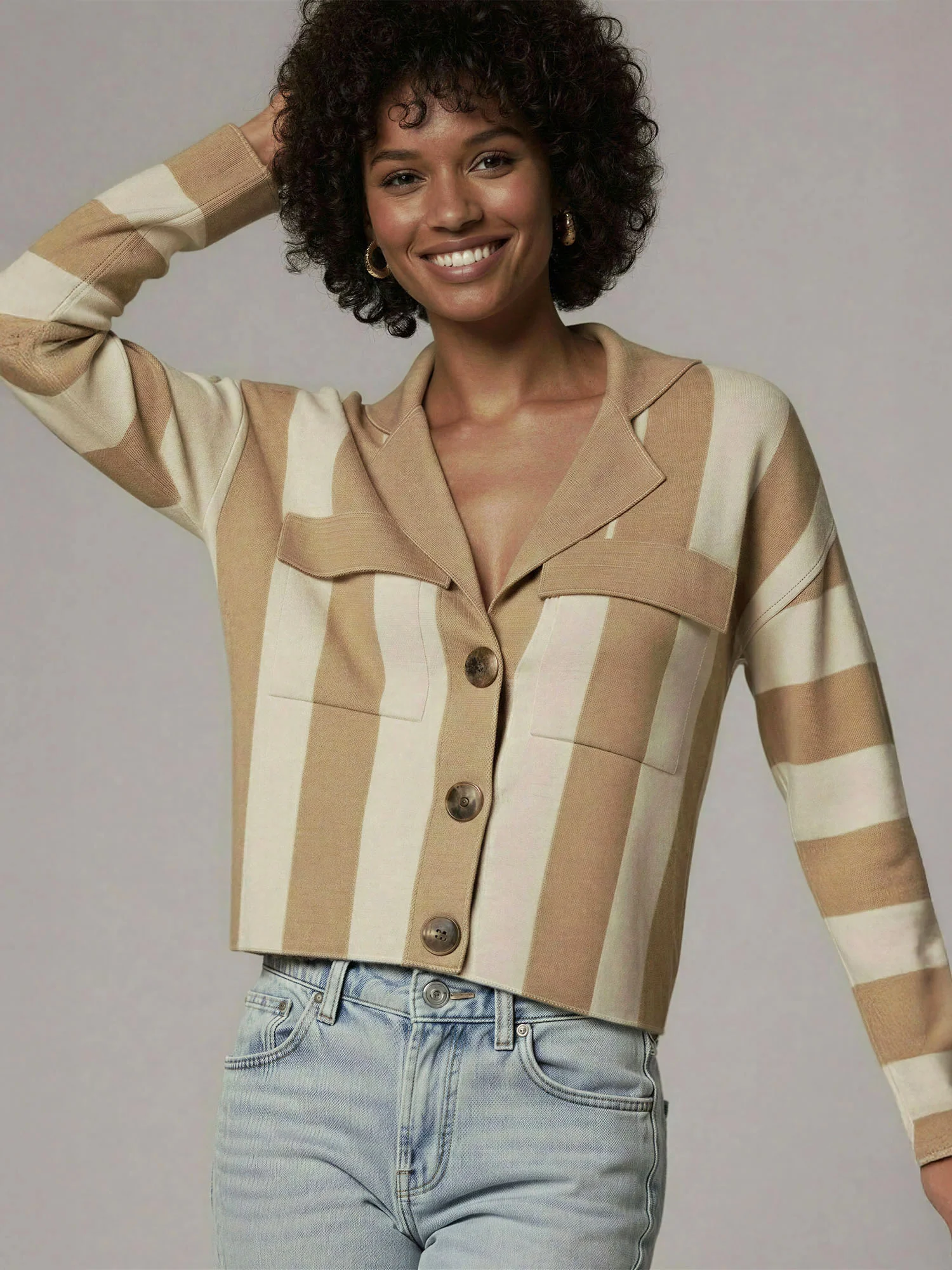 Collared Stripe Button Front Cardigan - Image 4