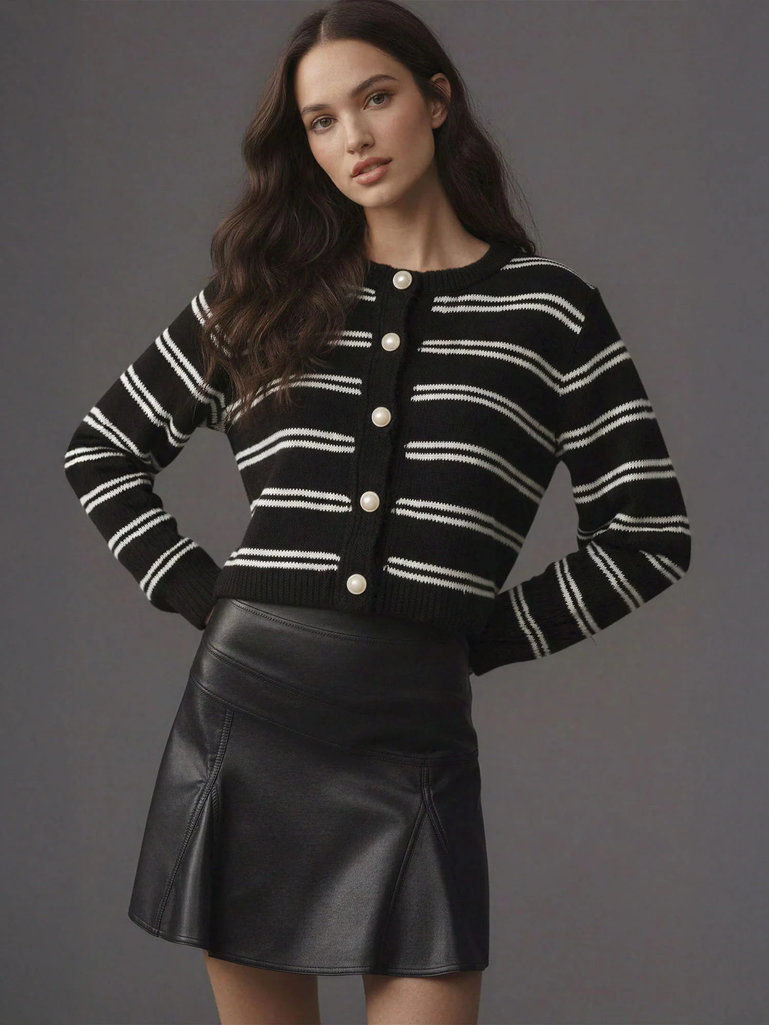 Crew Neck Stripe Button Front Cardigan - Image 3
