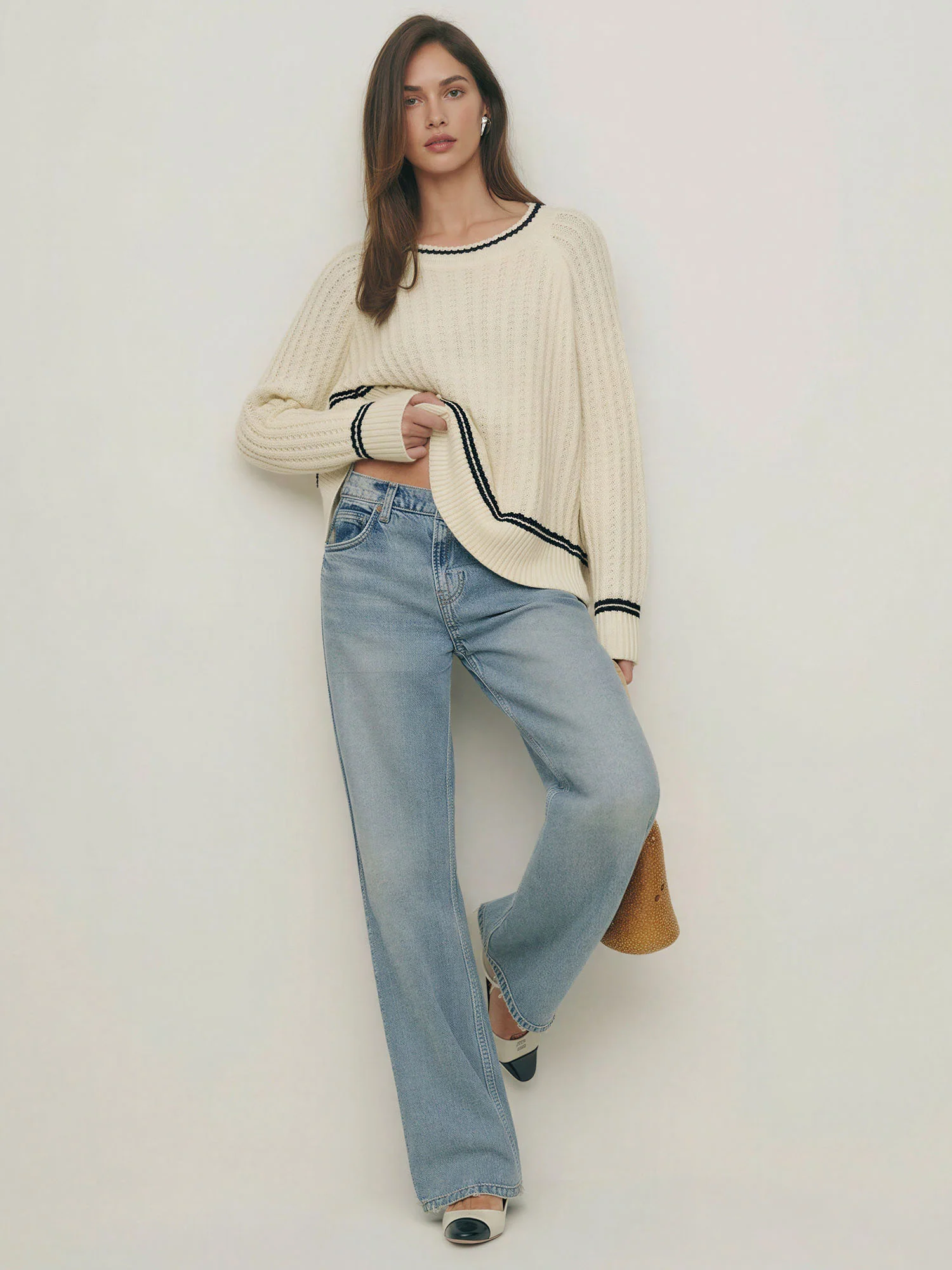 Crewneck Pointelle Broder Trim Pullover Sweater - Image 3