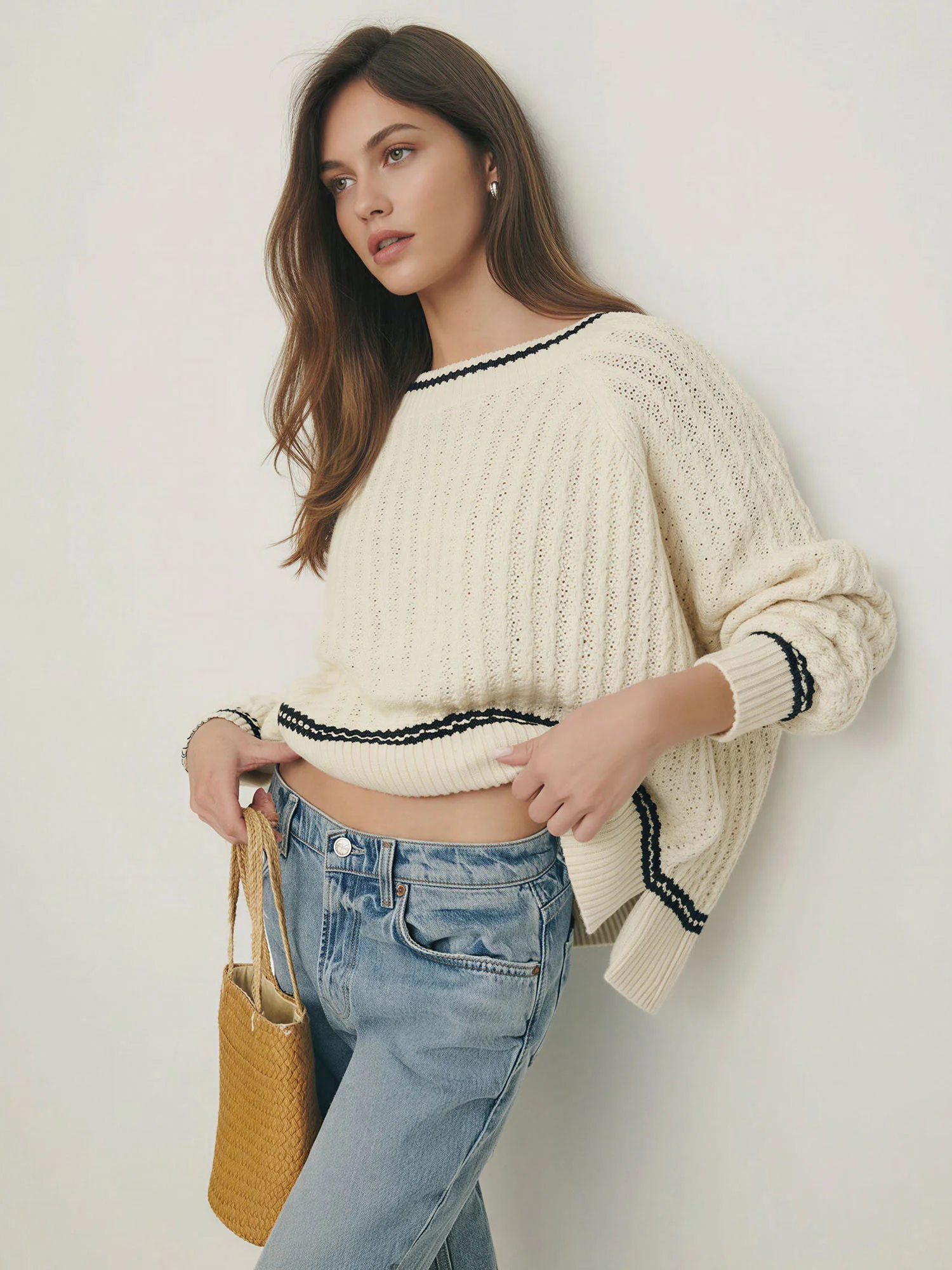 Crewneck Pointelle Broder Trim Pullover Sweater - Image 4