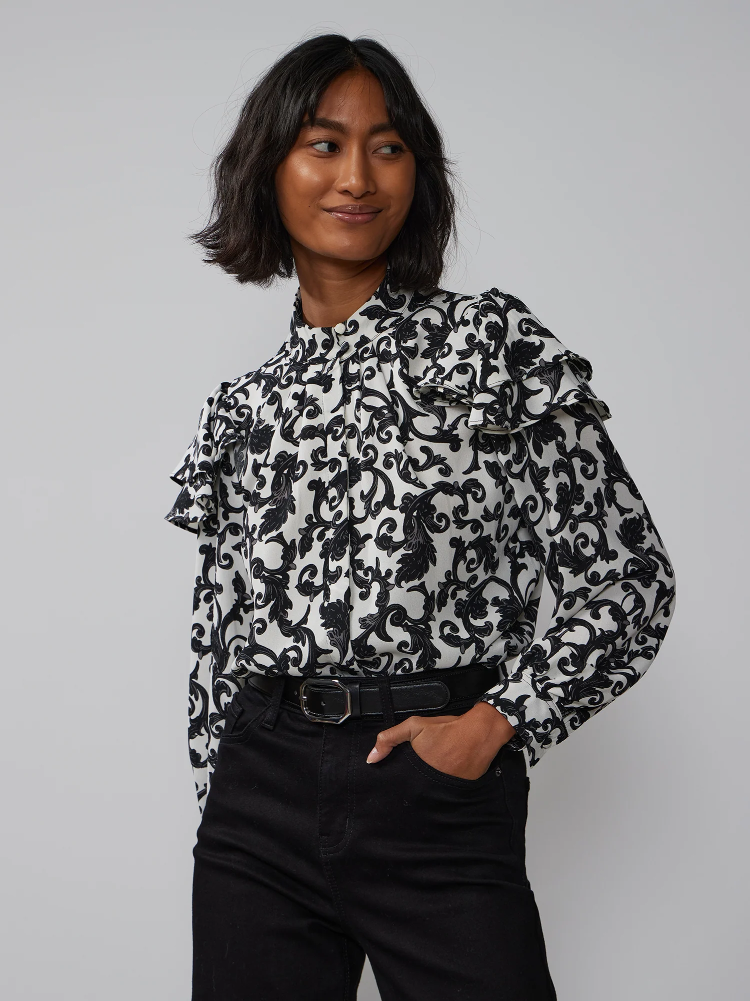Ruffle Sleeve Mock Neck Filigree Blouse