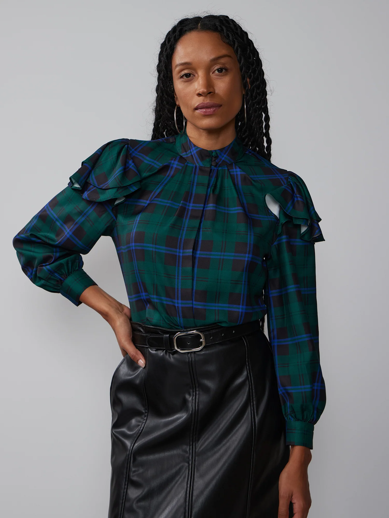 Ruffle Sleeve Mock Neck Flannel Blouse - Image 4
