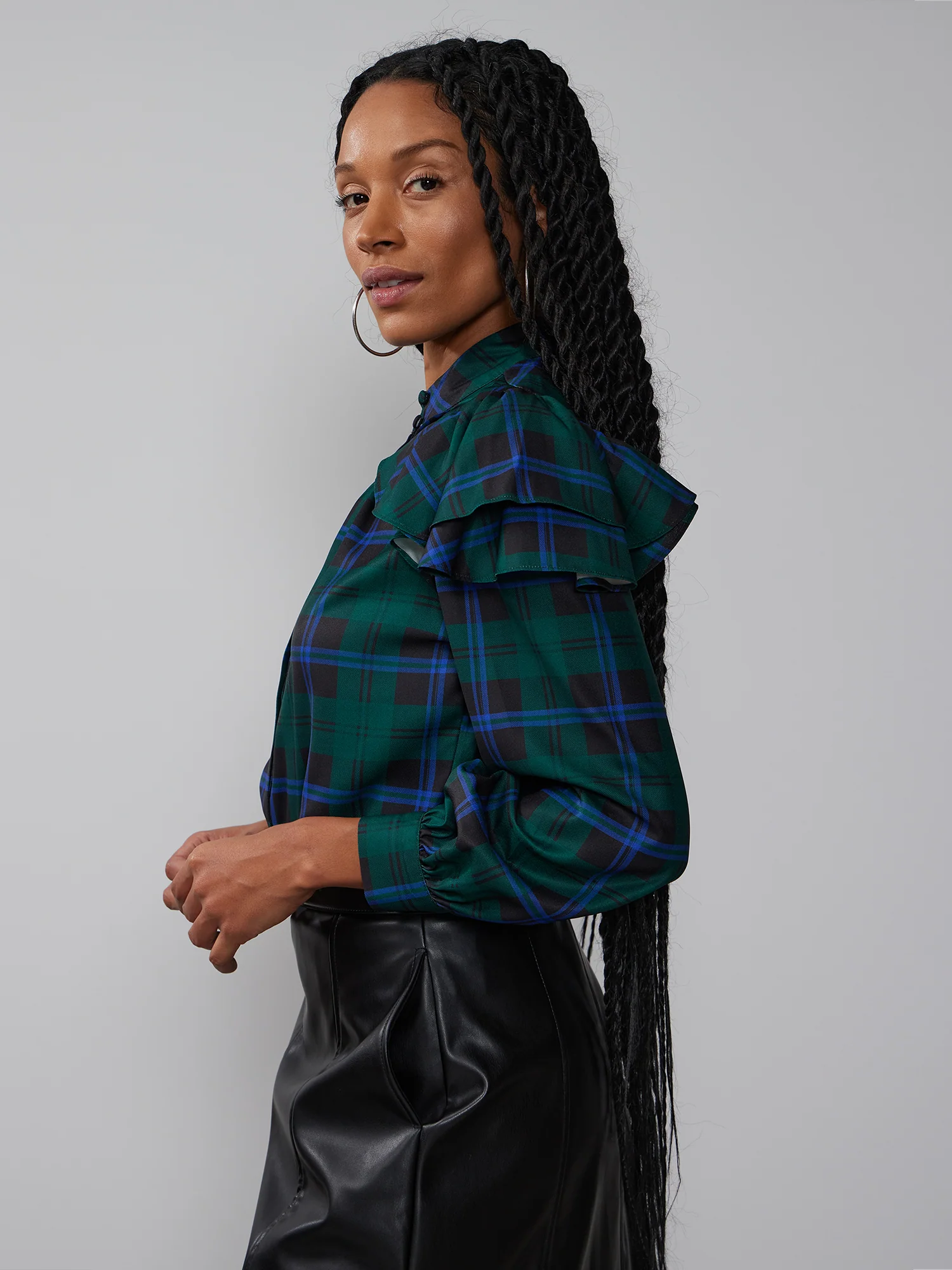 Ruffle Sleeve Mock Neck Flannel Blouse - Image 5