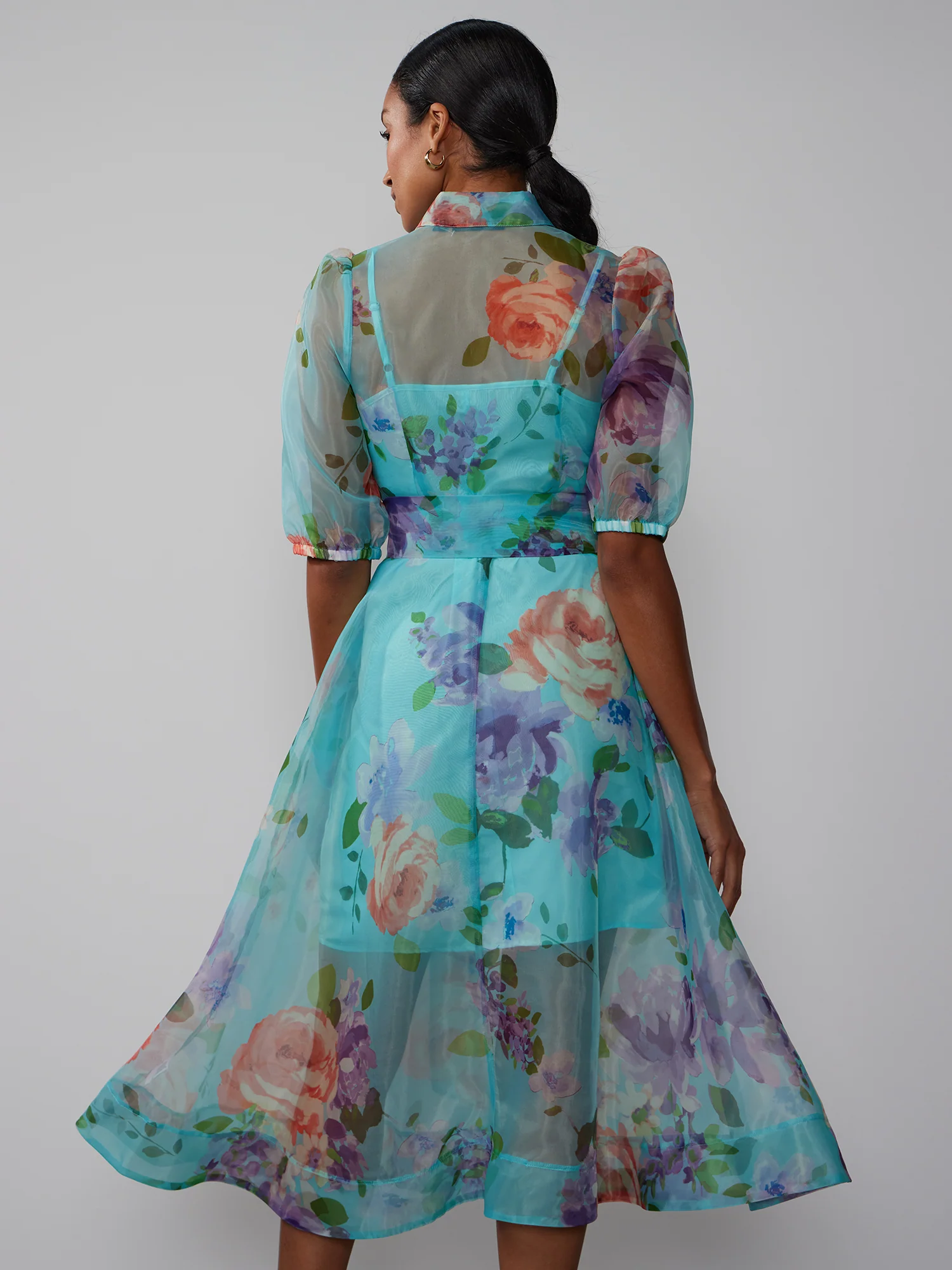 Short Sleeve Floral Organza Shirt Dress - Image 3