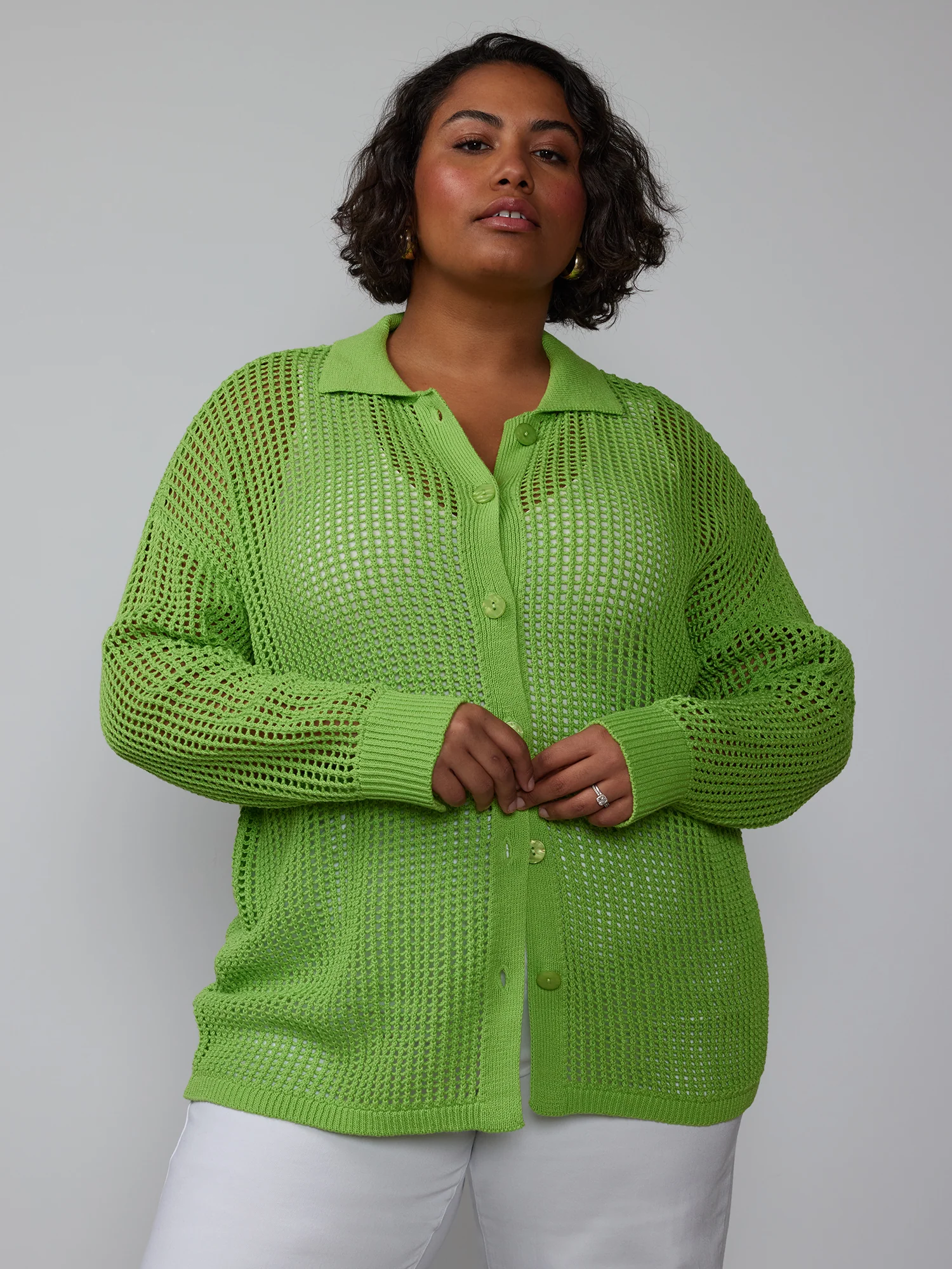 Plus Open Stitch Collar Neck Cardigan - Image 6