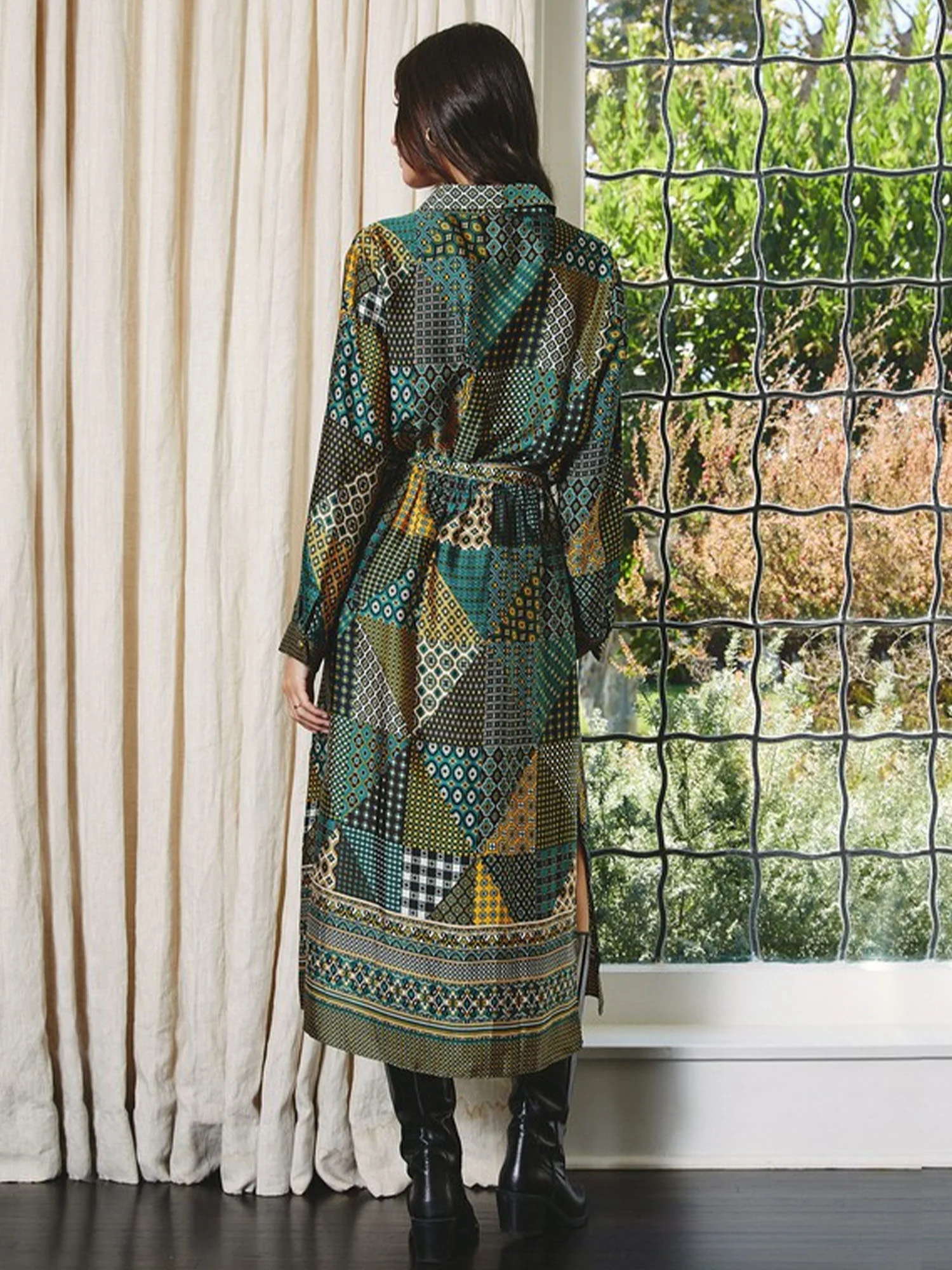 Long Sleeve Patchwork Shirt Dress - Image 4