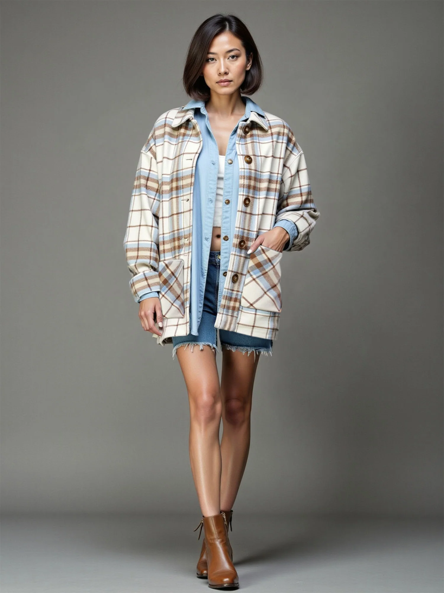 Long Sleeve Plaid Flannel Shacket - Image 7