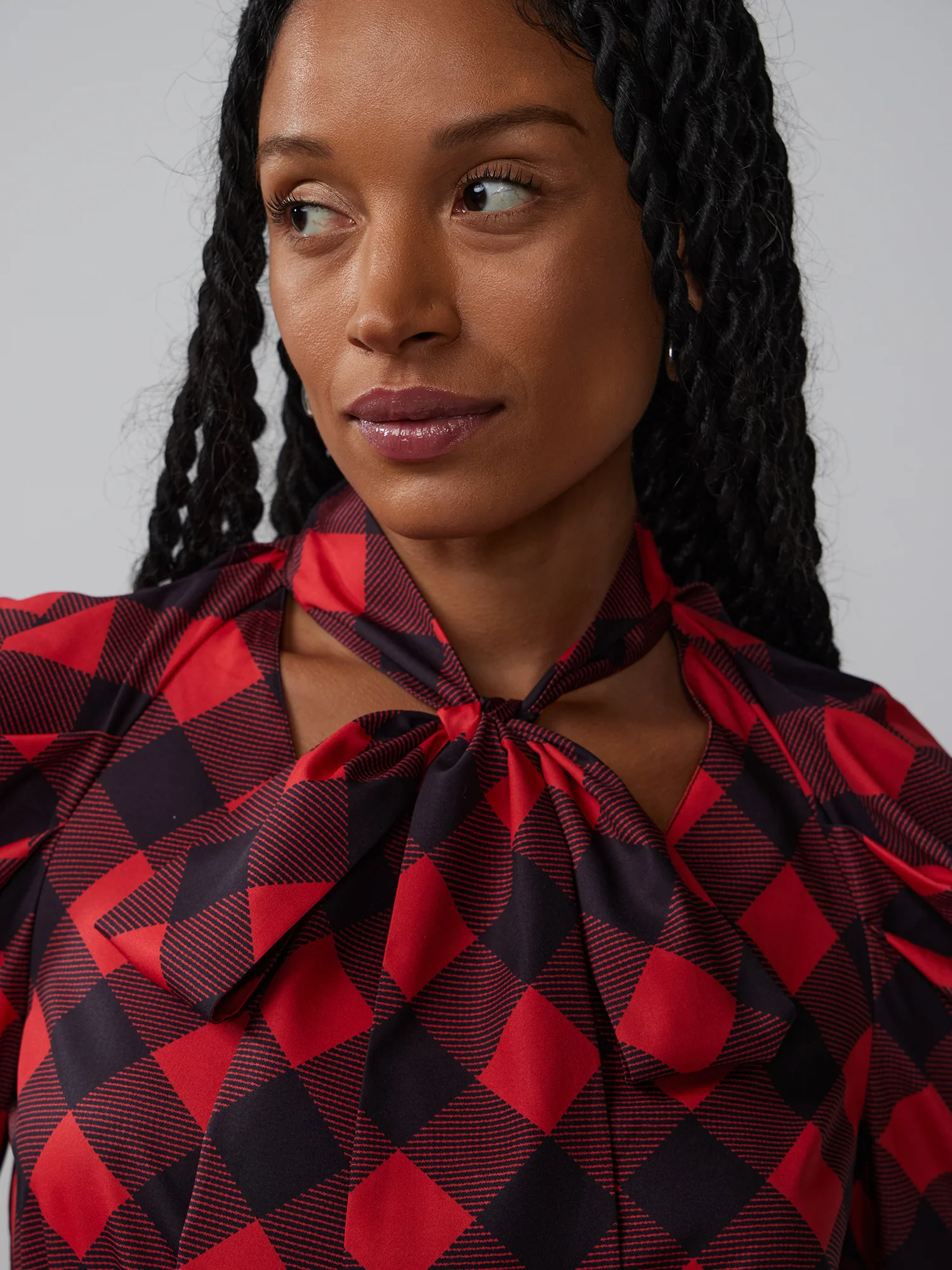Plaid Puff Sleeve Tie Neck Top - Image 4