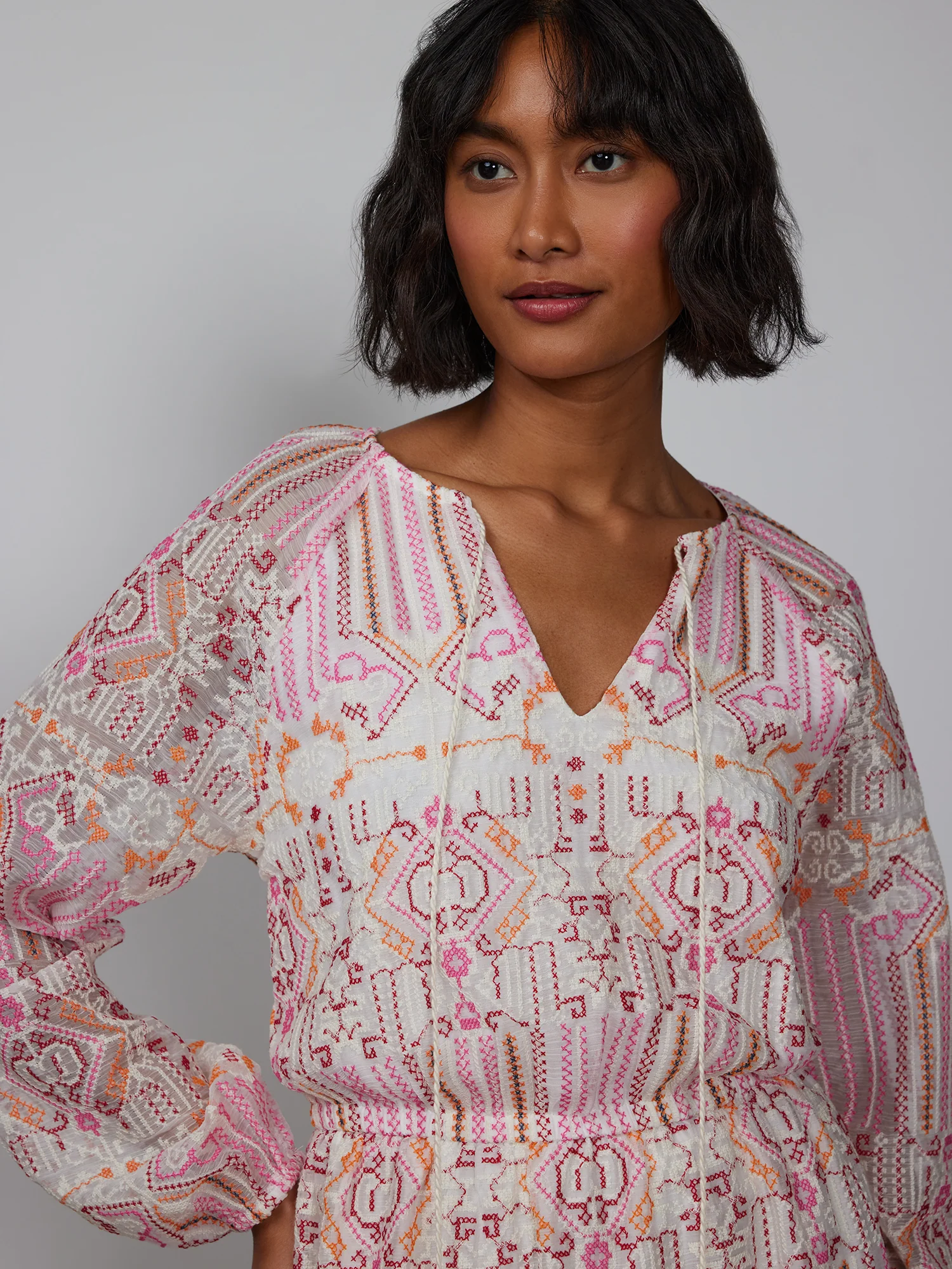 Long Sleeve Embroidered Peasant Dress - Image 4
