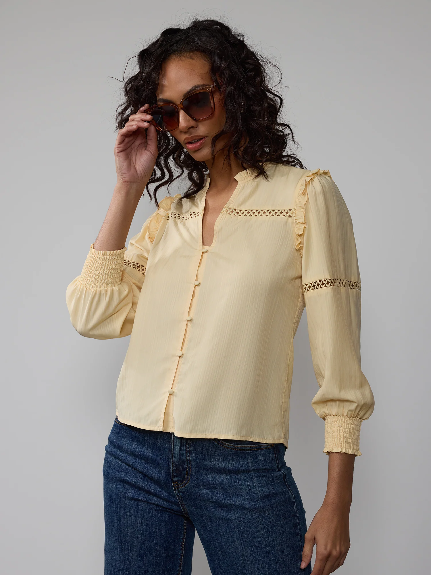 Ruffle Ladder Trim Button Front Blouse - Image 11