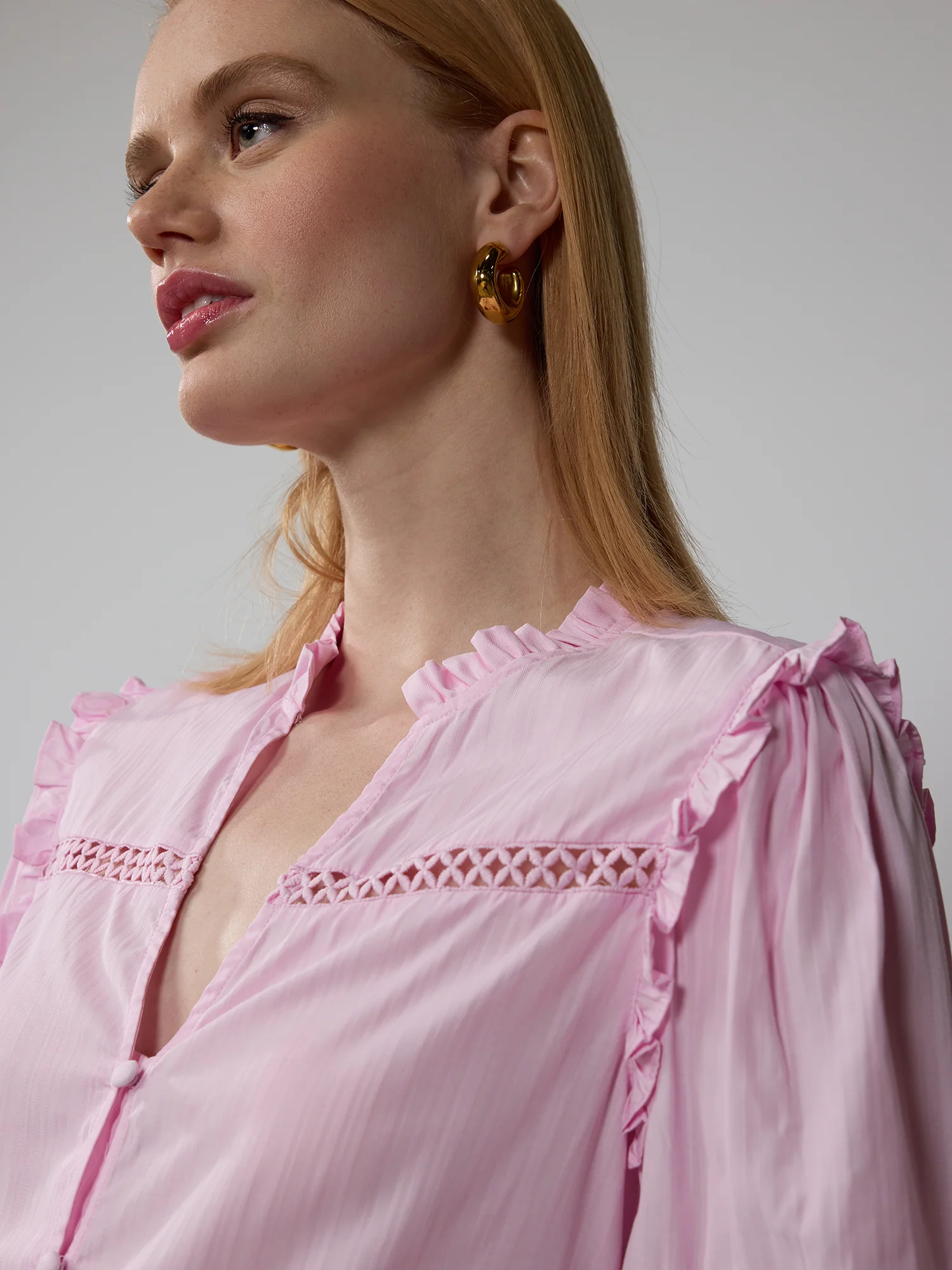 Ruffle Ladder Trim Button Front Blouse - Image 9