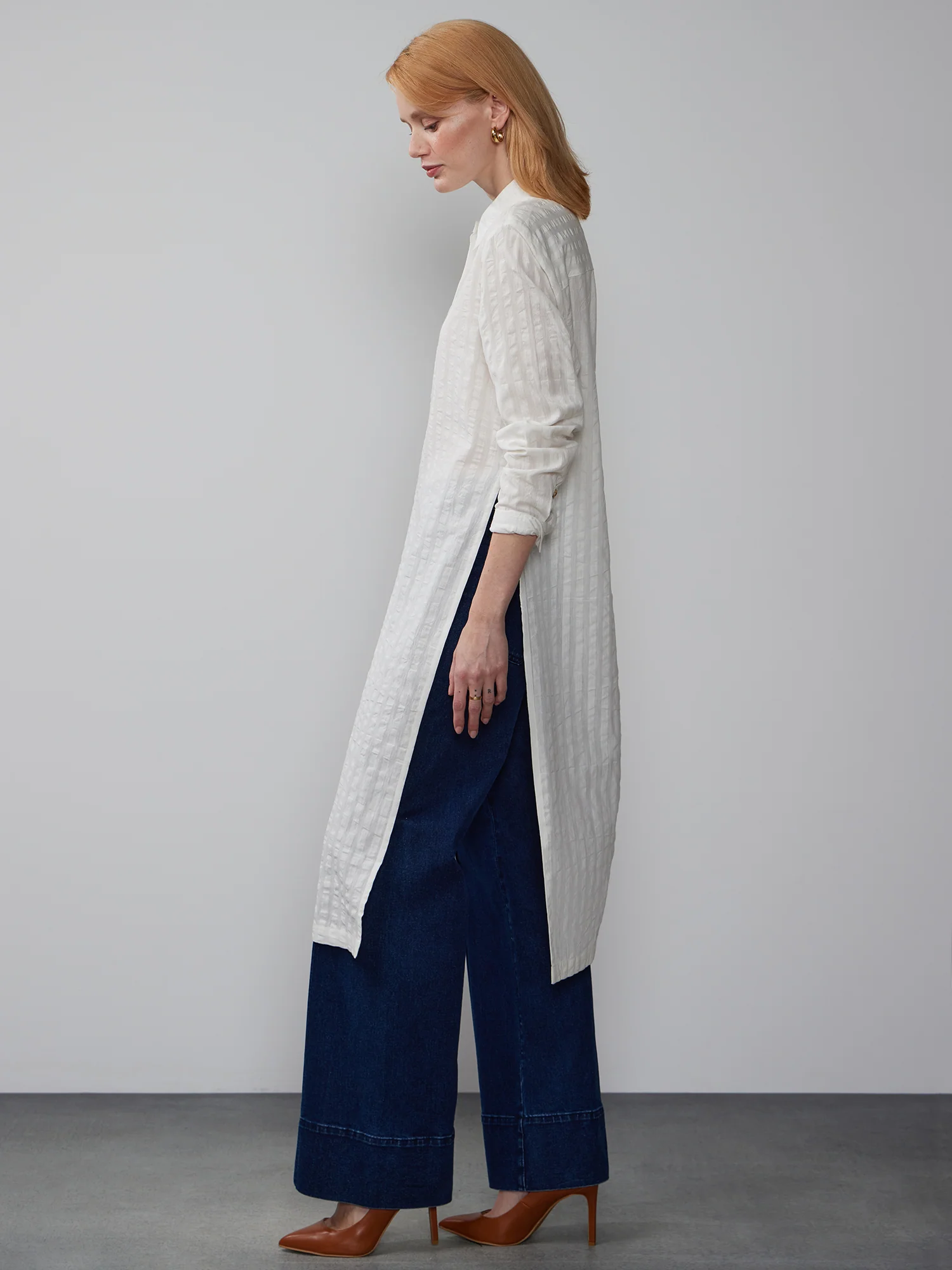 Textured Stripe Side Slit Maxi Shirt - Image 2