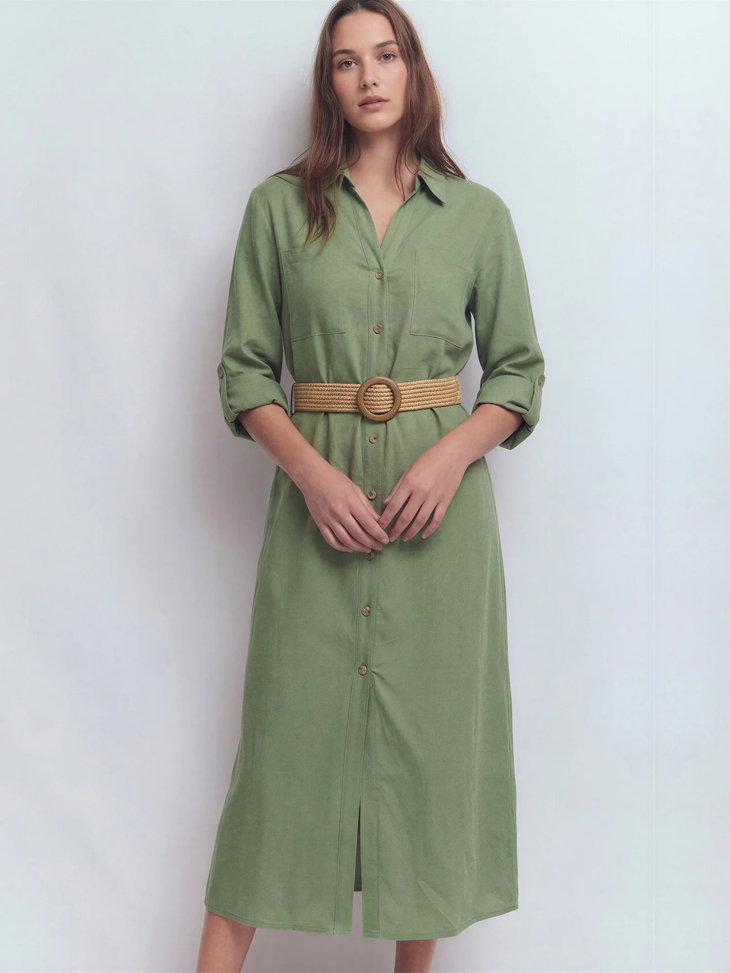 Long Sleeve Utility Button Down Linen Shirt Midi Dress - Image 2