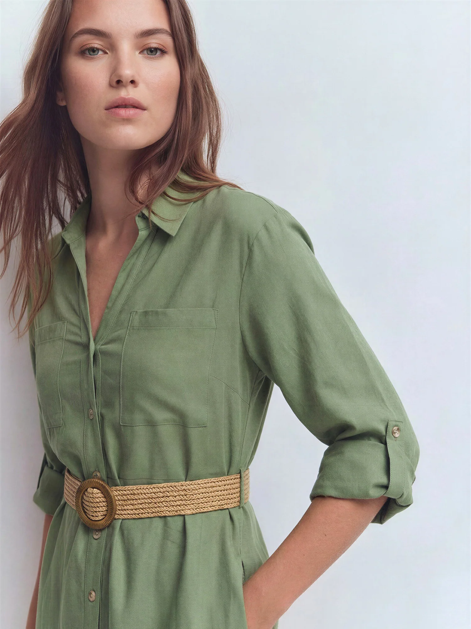 Long Sleeve Utility Button Down Linen Shirt Midi Dress - Image 3