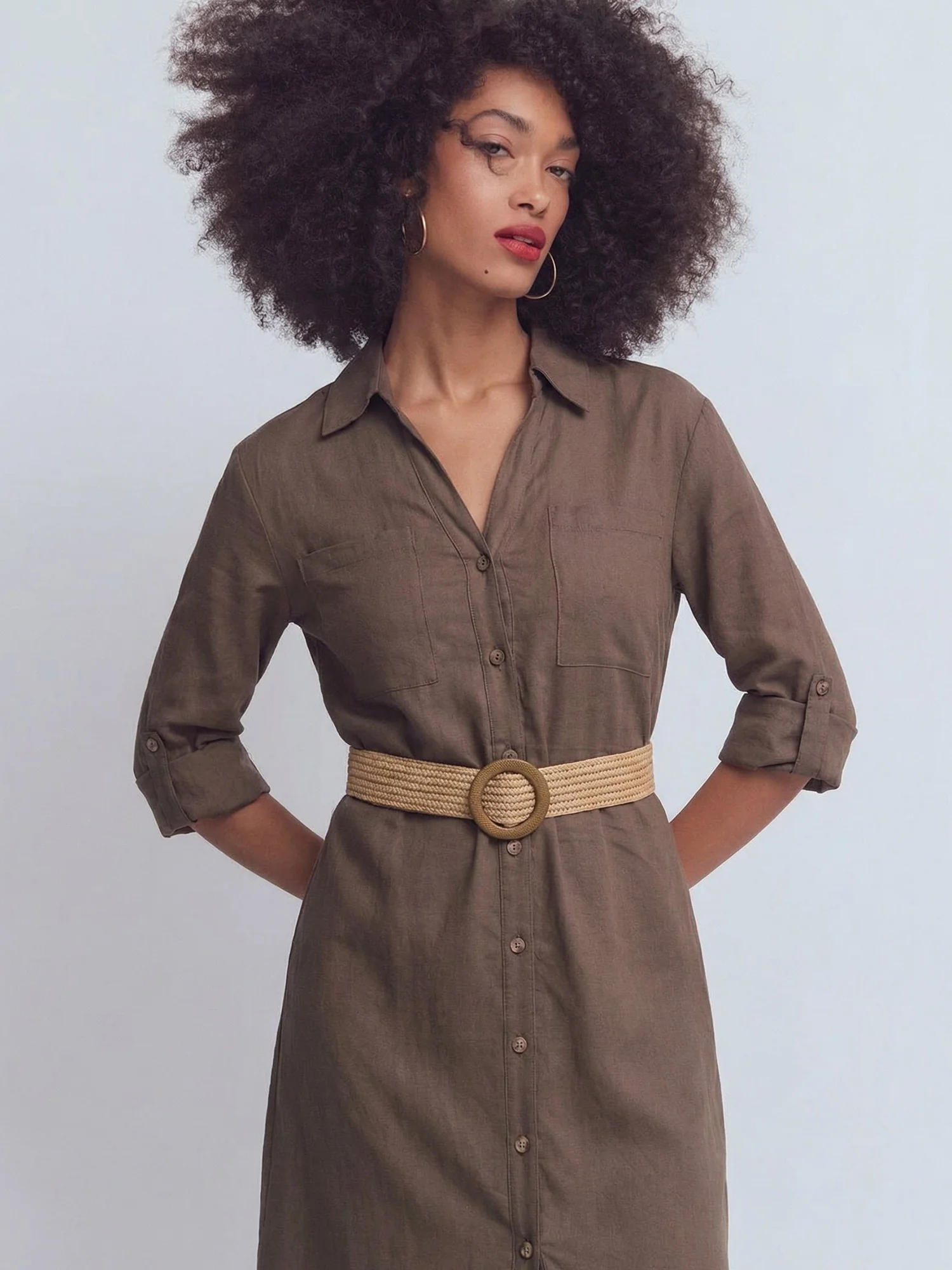 Long Sleeve Utility Button Down Linen Shirt Midi Dress - Image 7