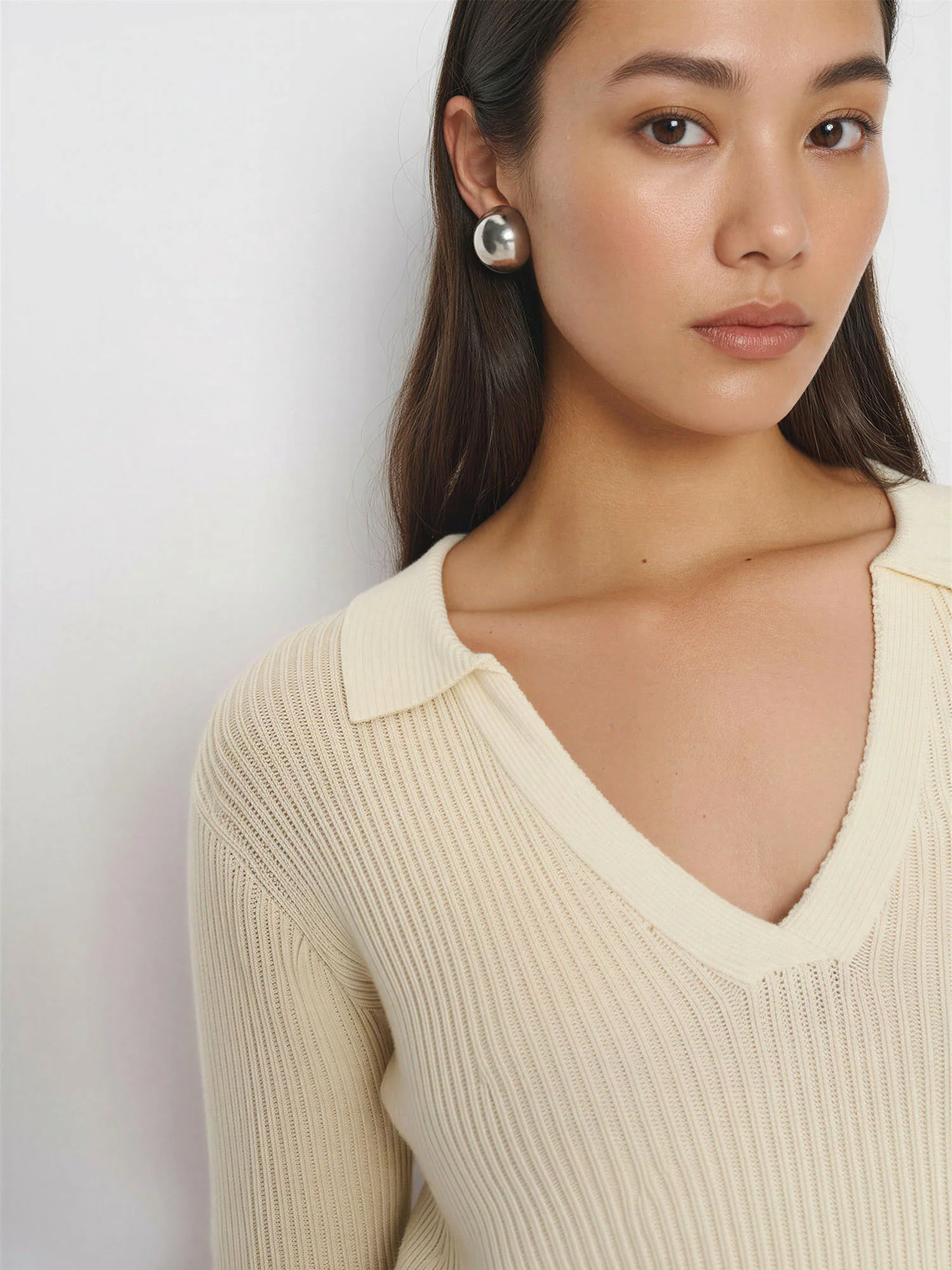 V Neck Contrast Trim Polo Collar Rib Sweater - Image 3