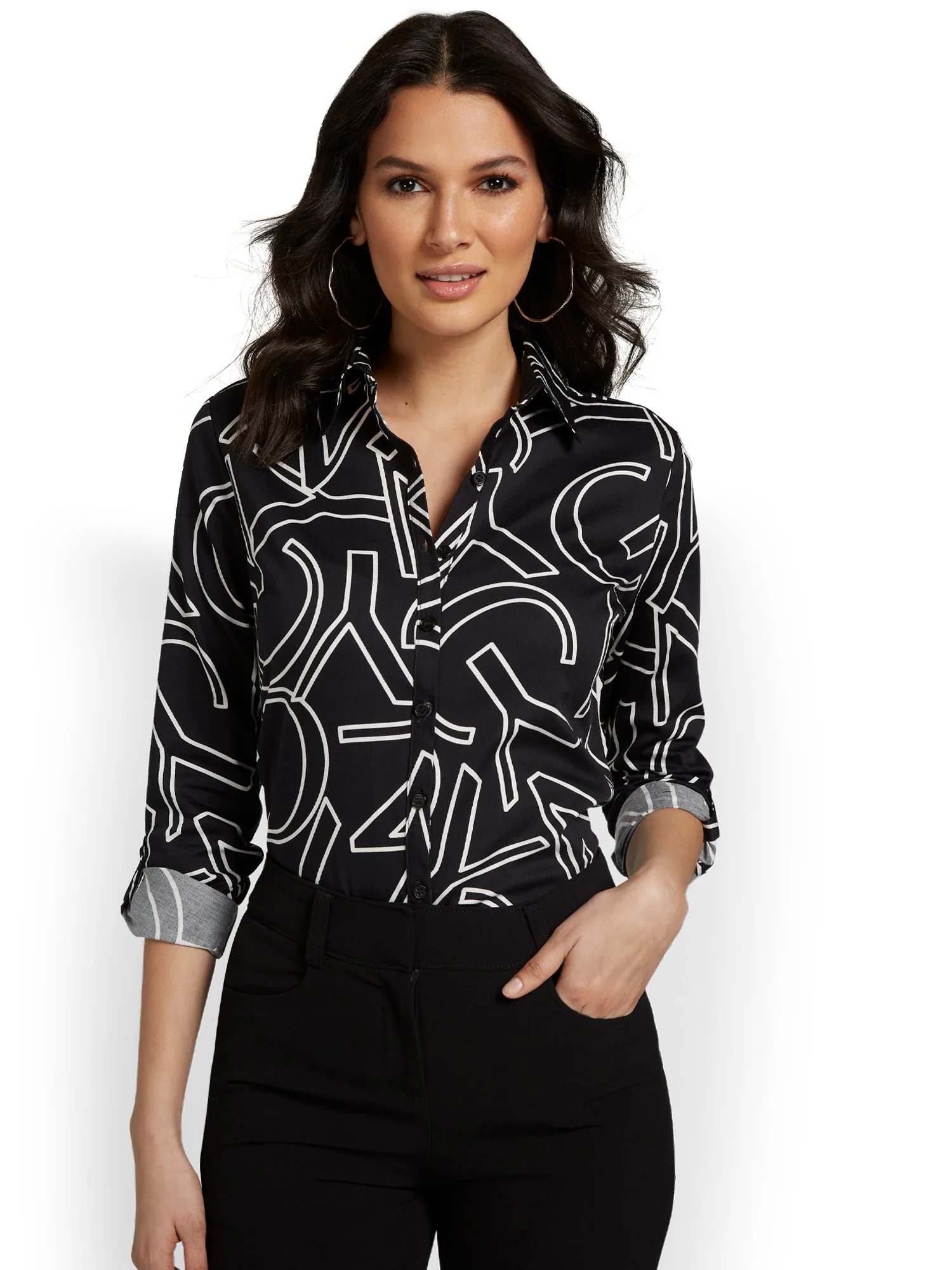 Madison Roll-Sleeve Button-Front Secret Snap Shirt - NYC Logo