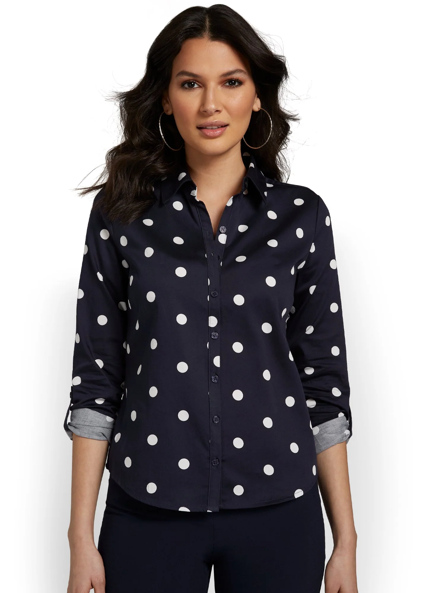 Madison Roll-Sleeve Button-Front Secret Snap Shirt - Polka-Dot - Image 6