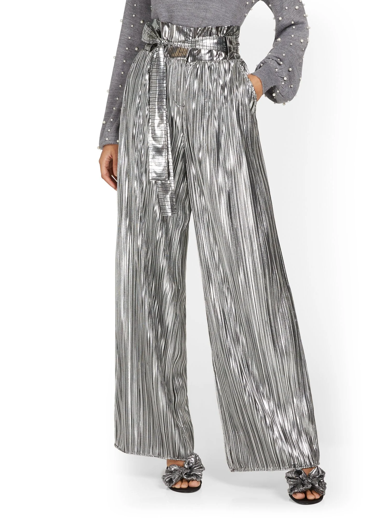 Metallic Pleated Wide-Leg Pant - Image 2